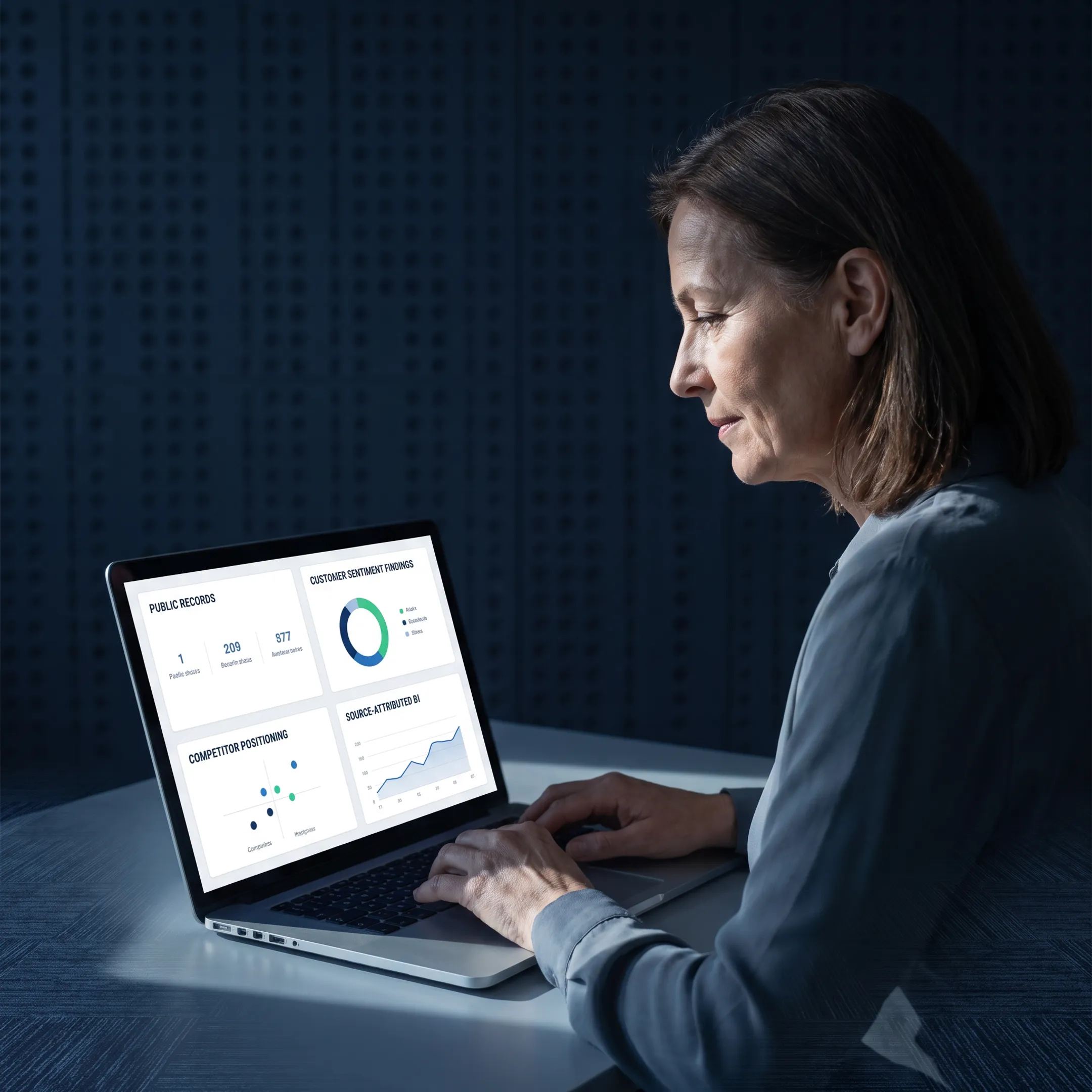 Research professional comparing public records, customer sentiment, and competitor intelligence on a laptop