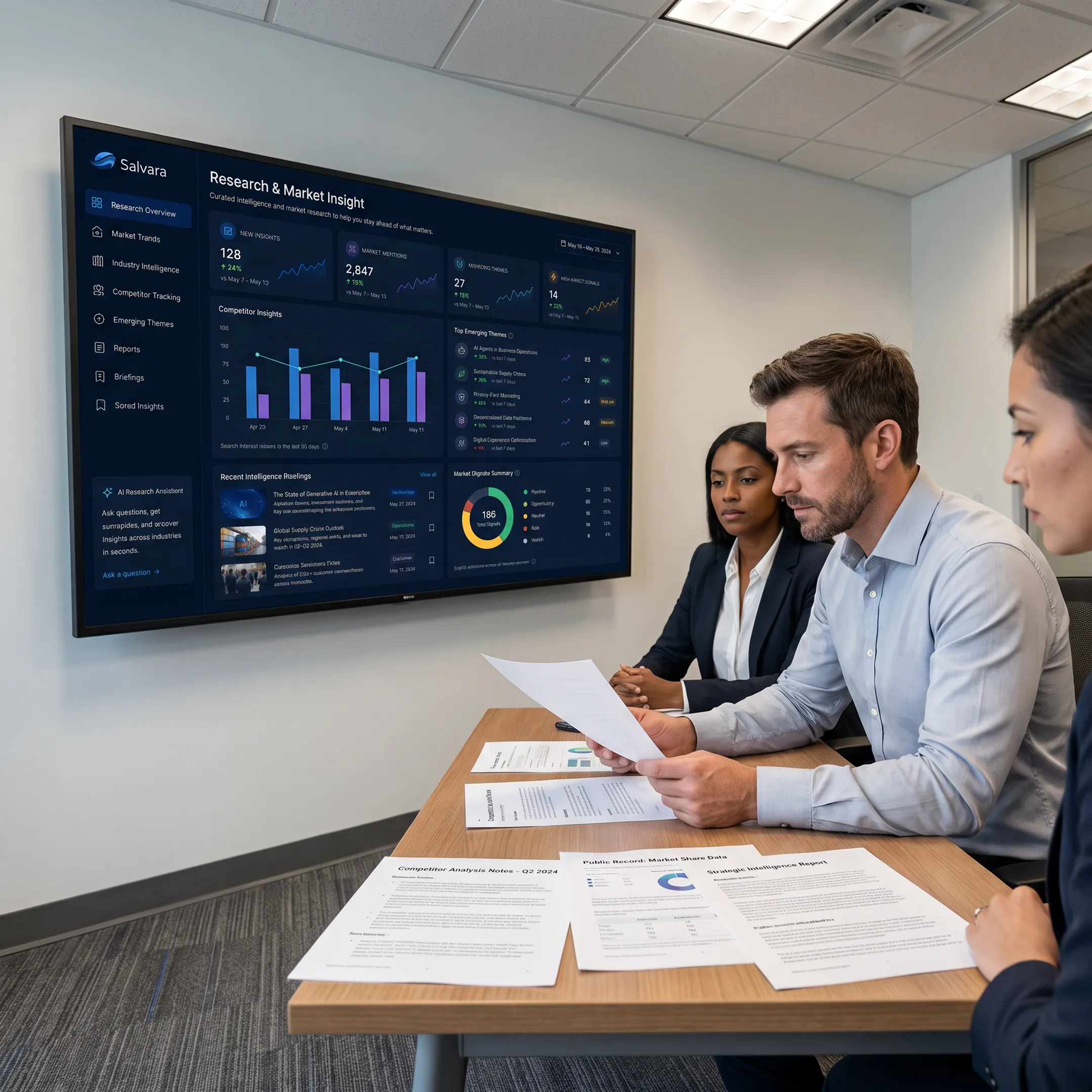 Analyst reviewing verified market intelligence findings on a laptop