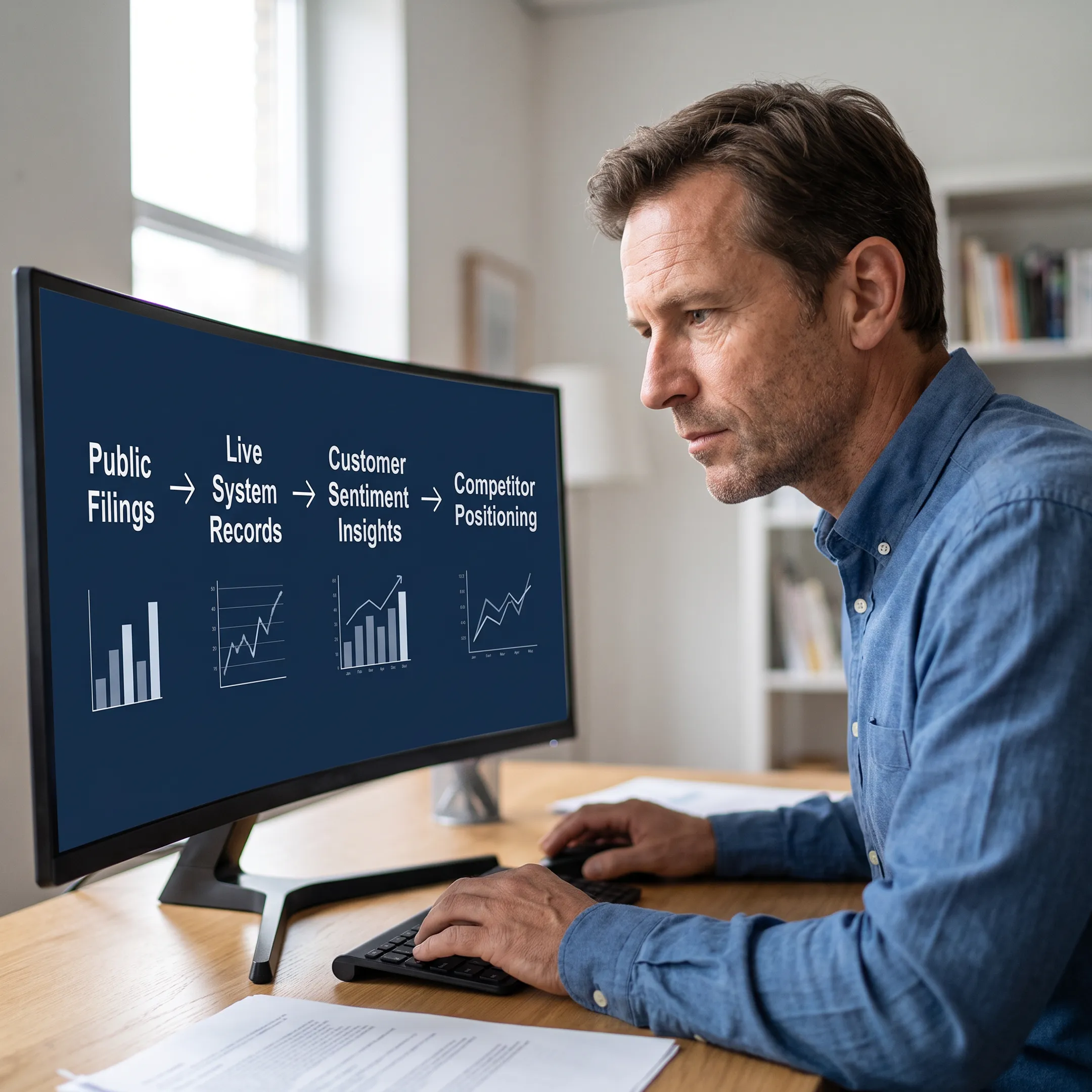 Researcher comparing public records and competitive intelligence findings