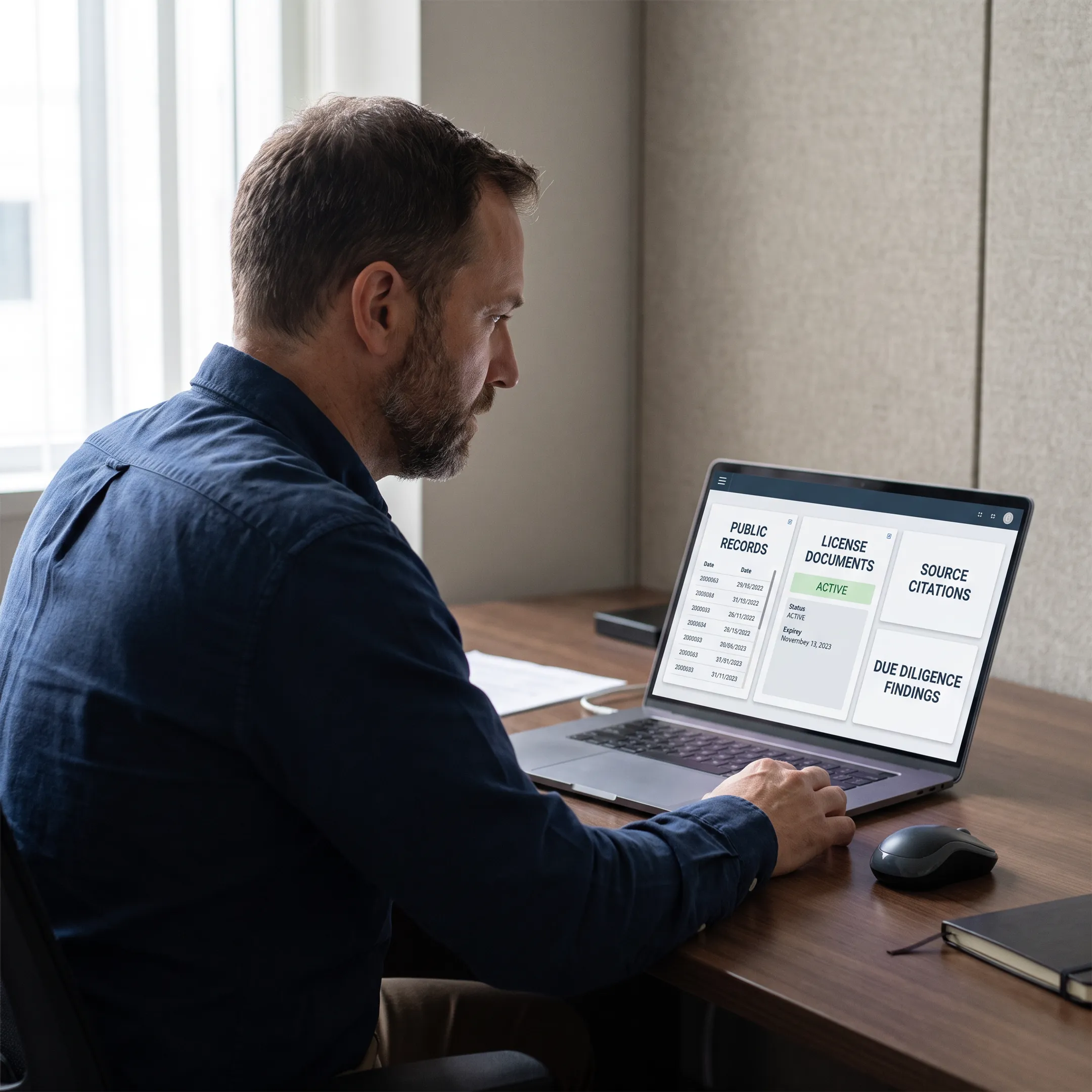 Analyst reviewing business records and due diligence findings on a laptop