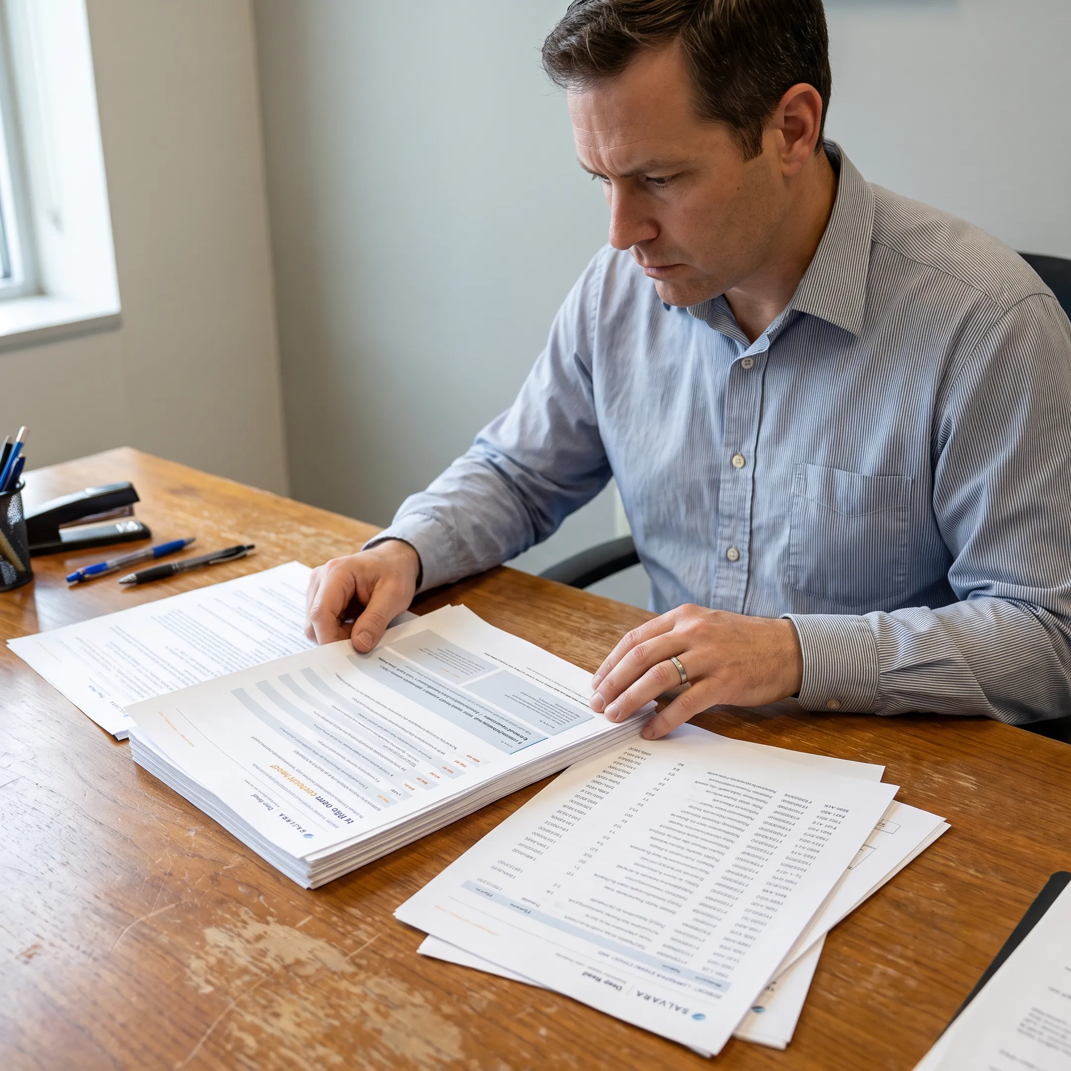 Researcher comparing verified business records with an organized due diligence report