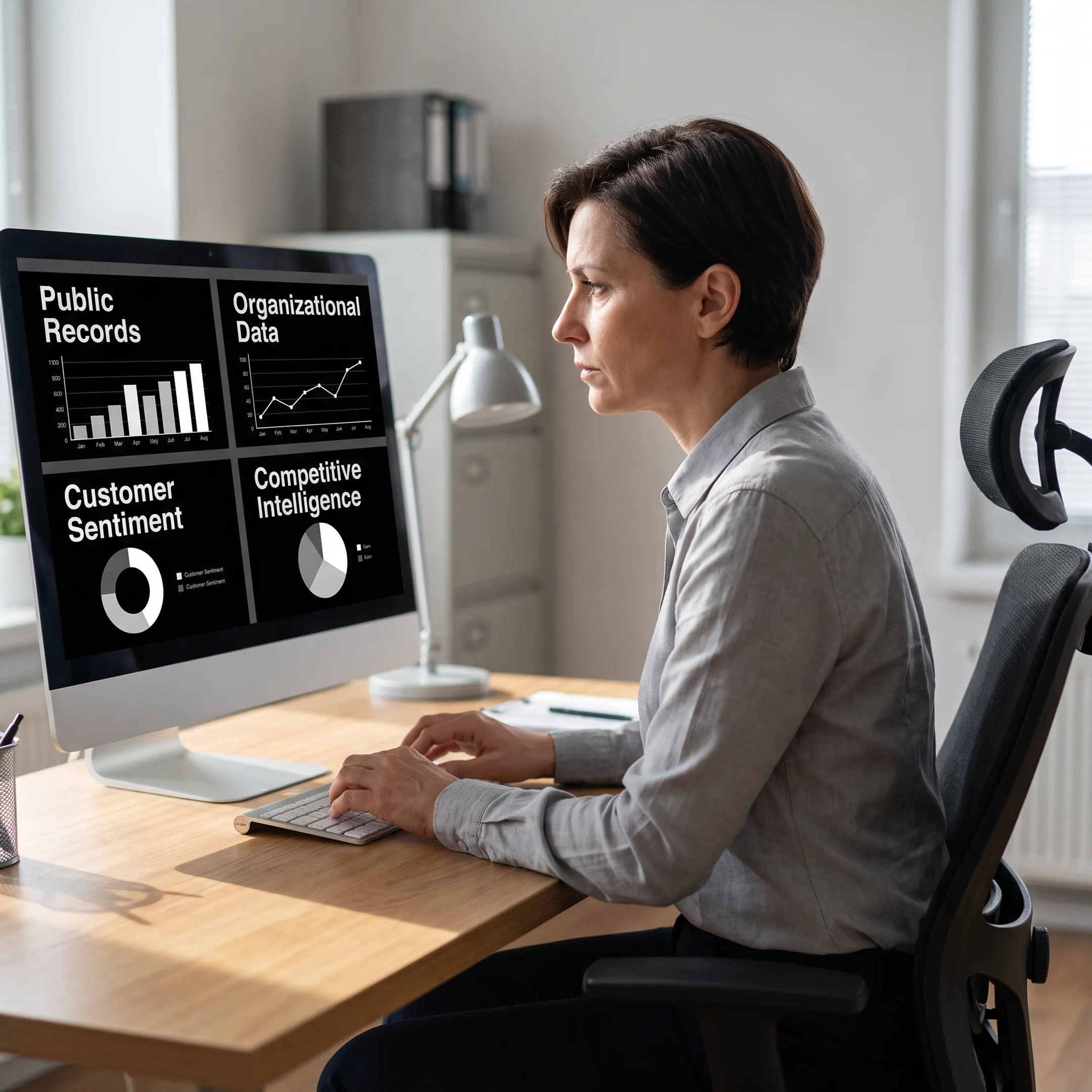Research professional analyzing source-attributed market intelligence and organizational risk findings