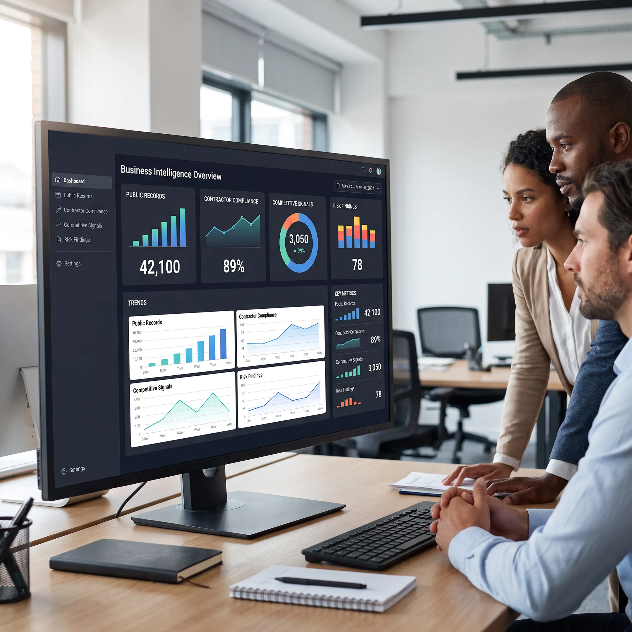 Analyst reviewing verified business records, market signals, and risk findings on an intelligence platform