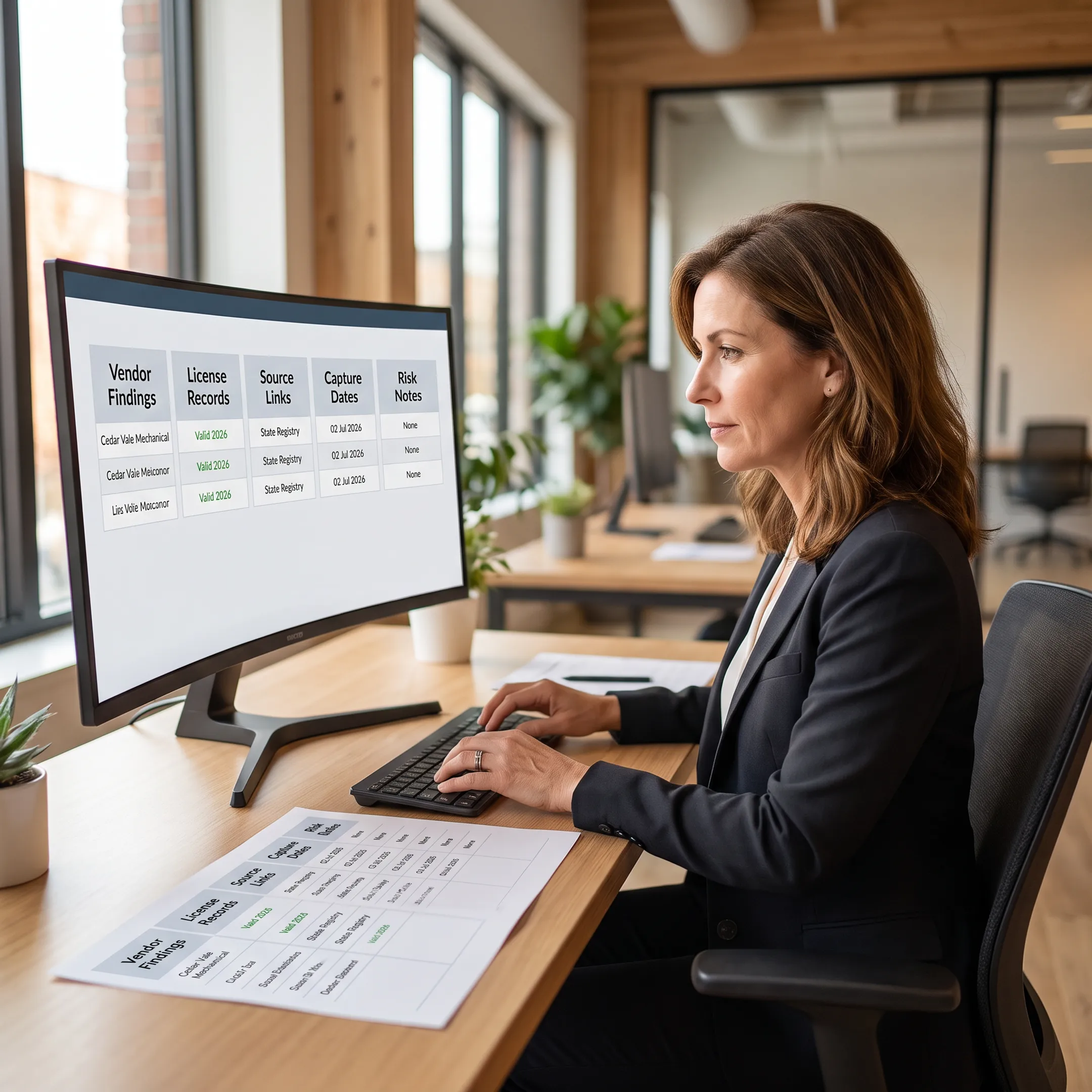 Due diligence specialist organizing verified vendor findings and source records