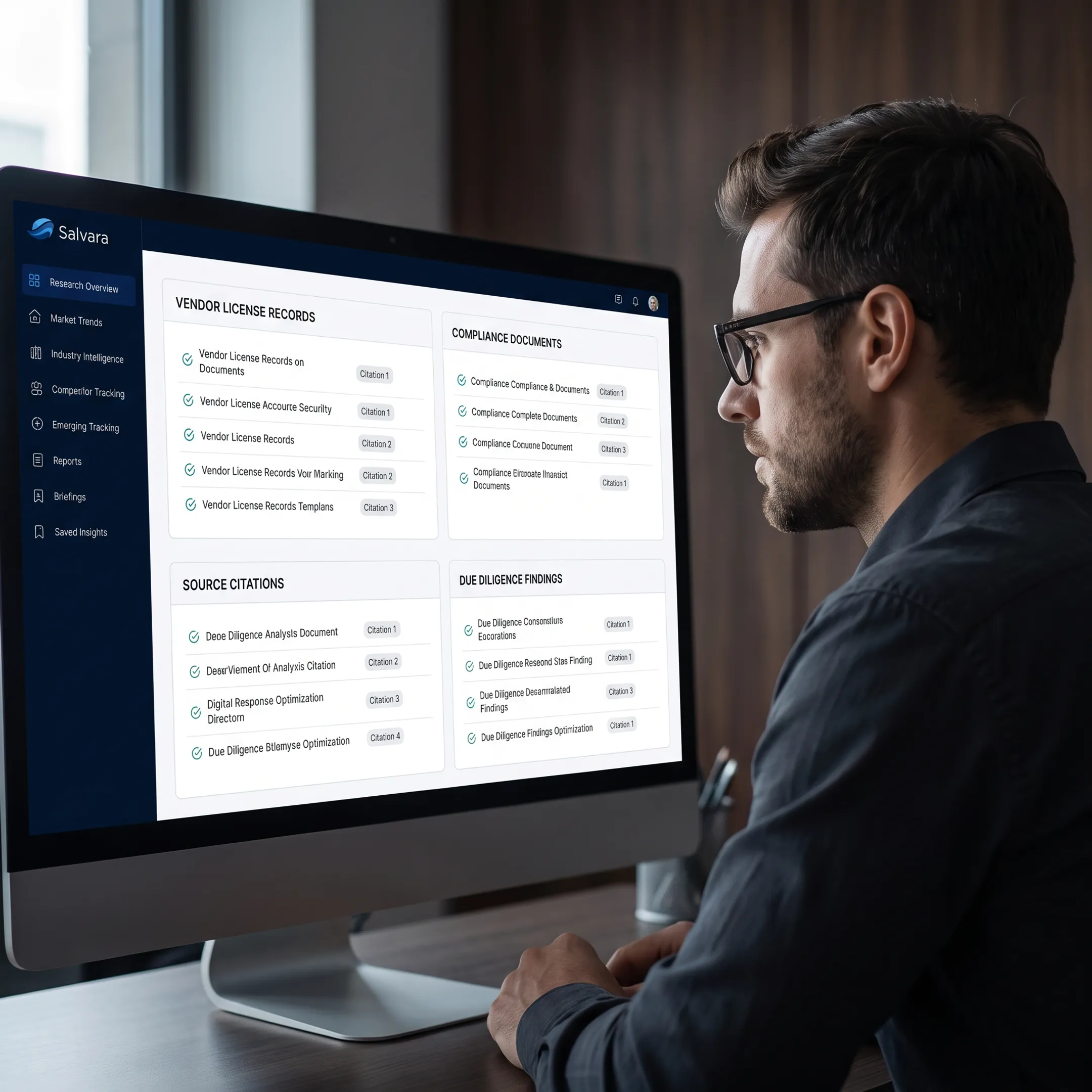Analyst reviewing vendor compliance records and due diligence findings on a computer