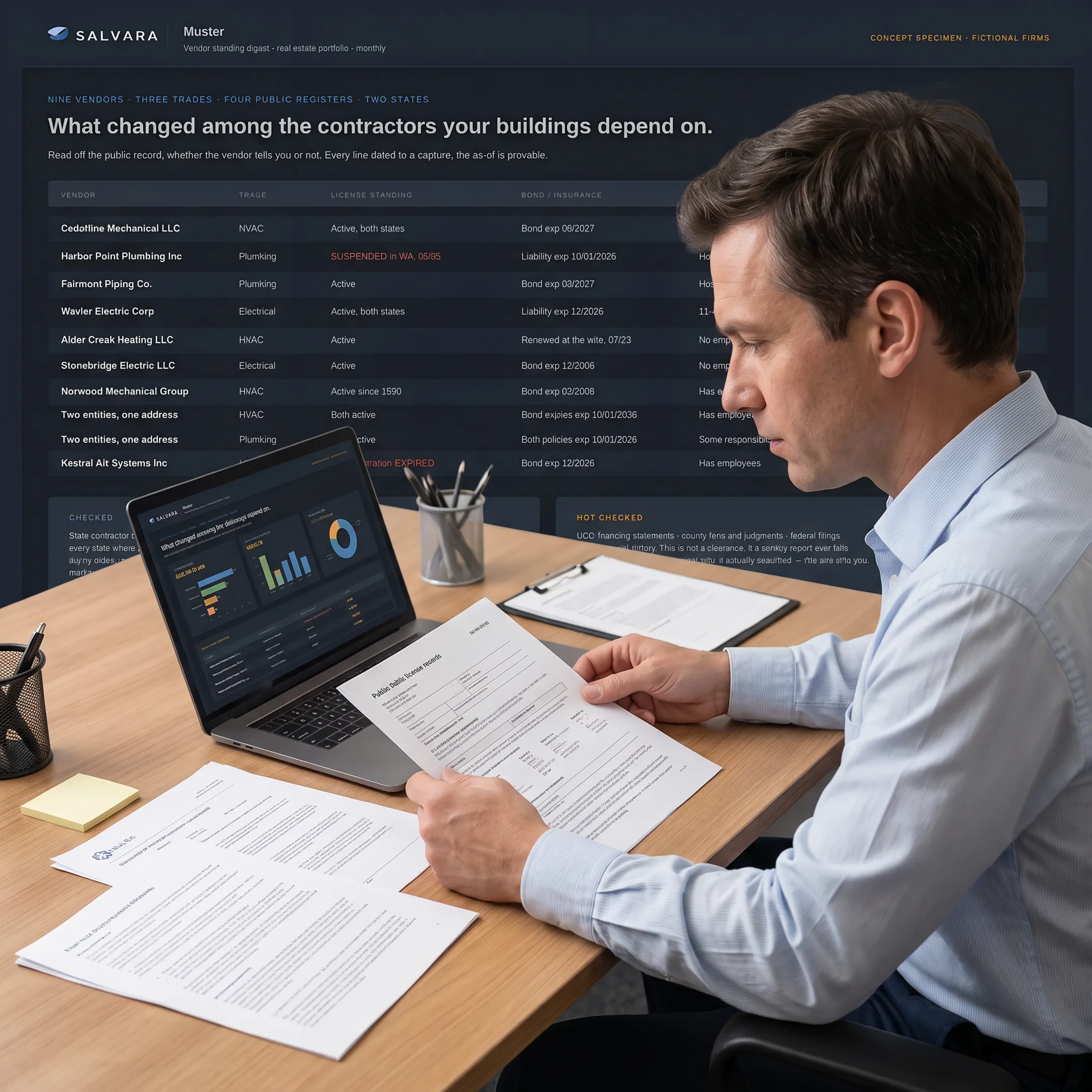 Research professional comparing public records with AI-generated due diligence findings