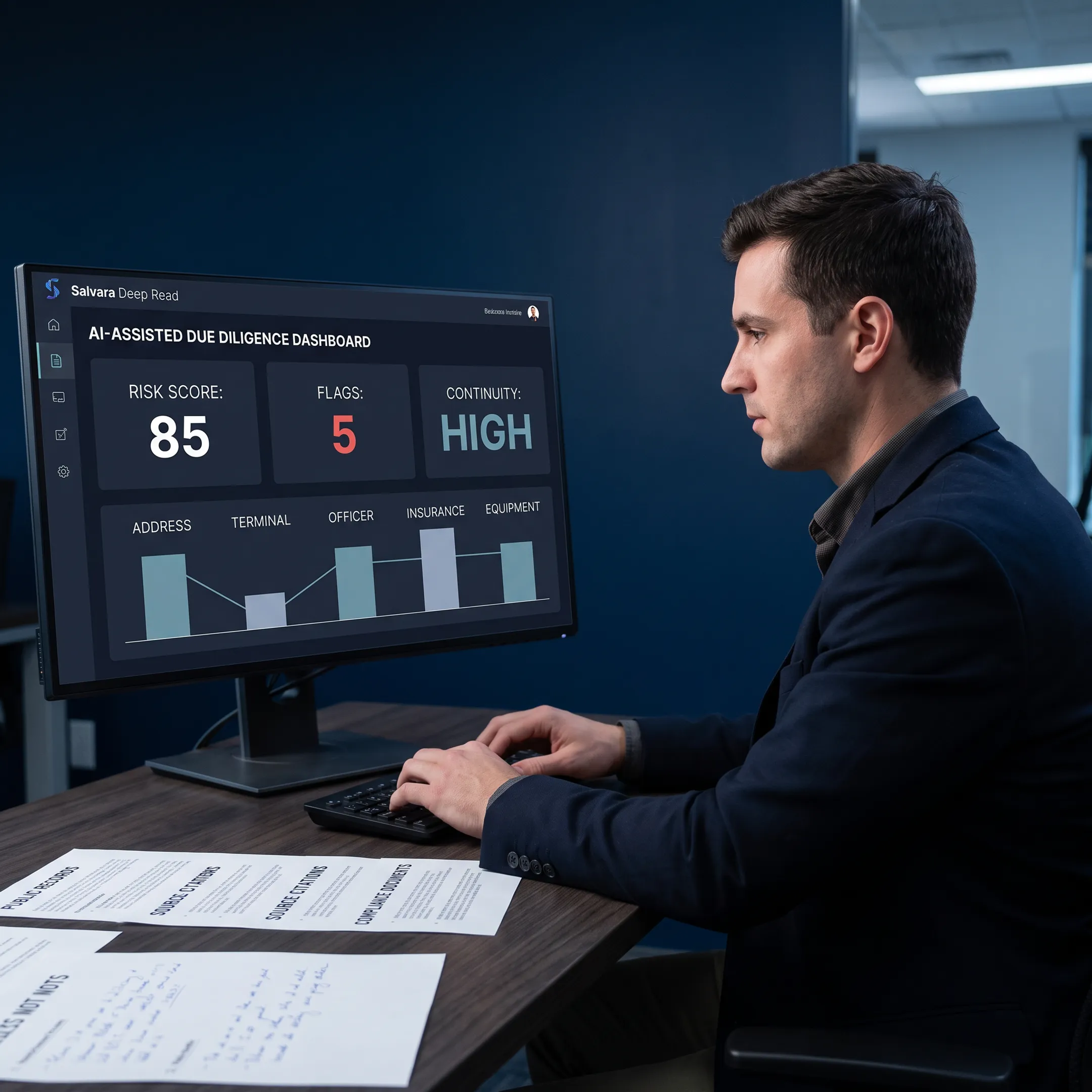 Analyst reviewing AI-assisted due diligence findings with public records and source citations
