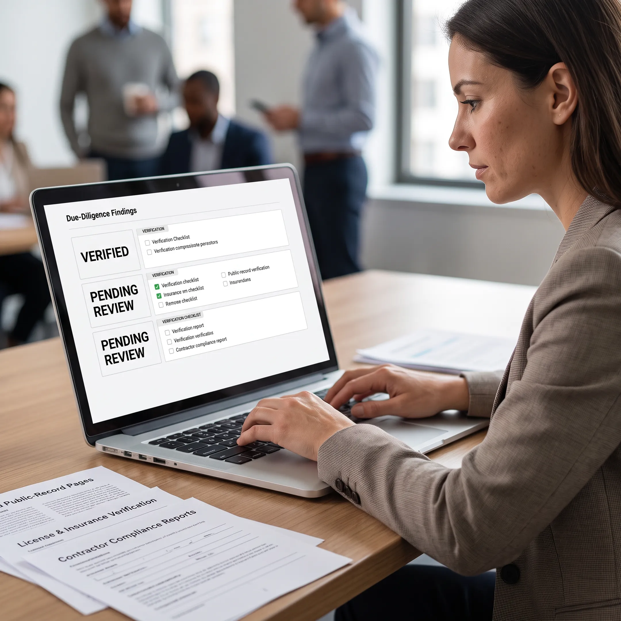Analyst reviewing verified third party due diligence findings on a laptop