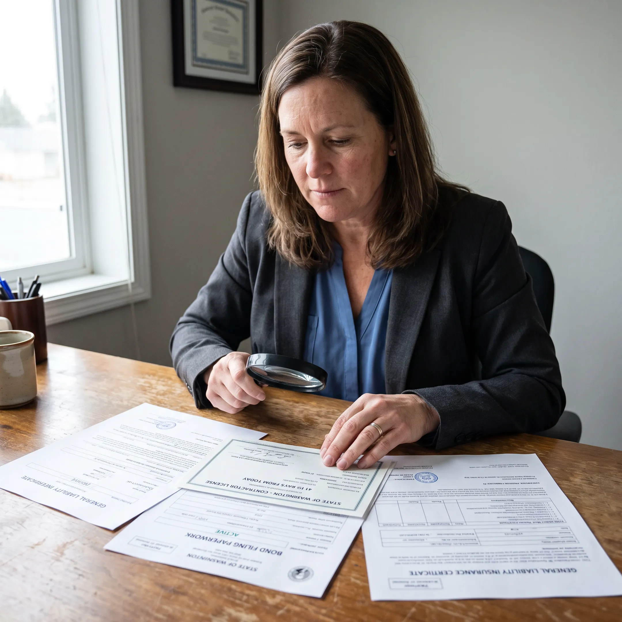 Research professional comparing contractor registry documents and verification findings