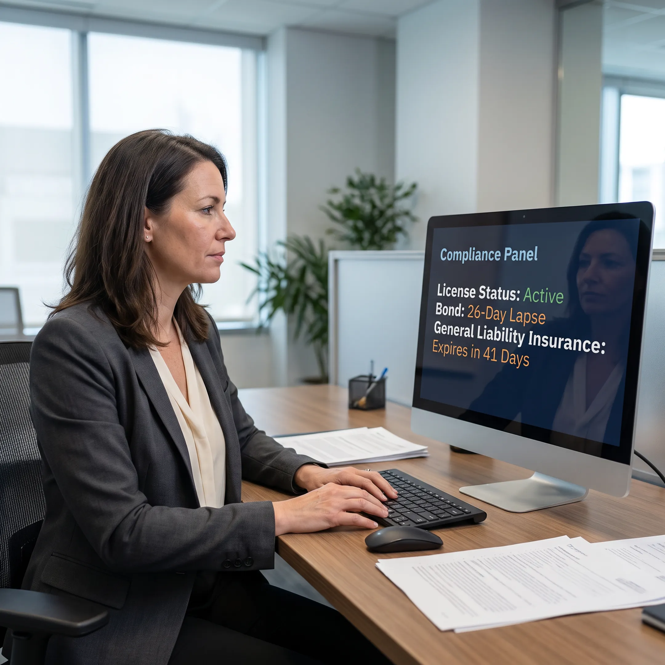 Analyst reviewing Washington contractor license and insurance records on a computer