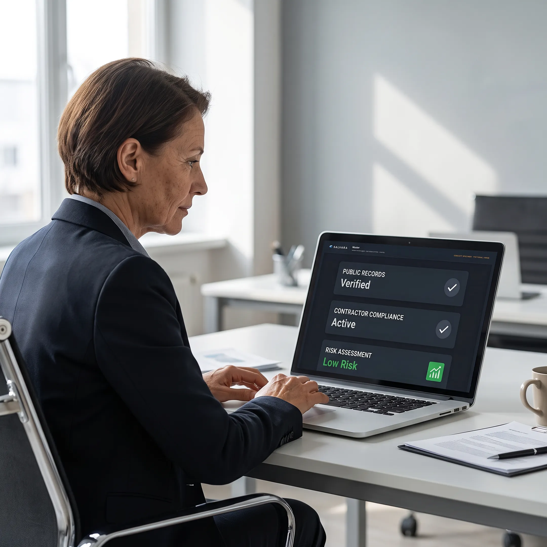 Analyst reviewing verified public records and business risk findings on a laptop