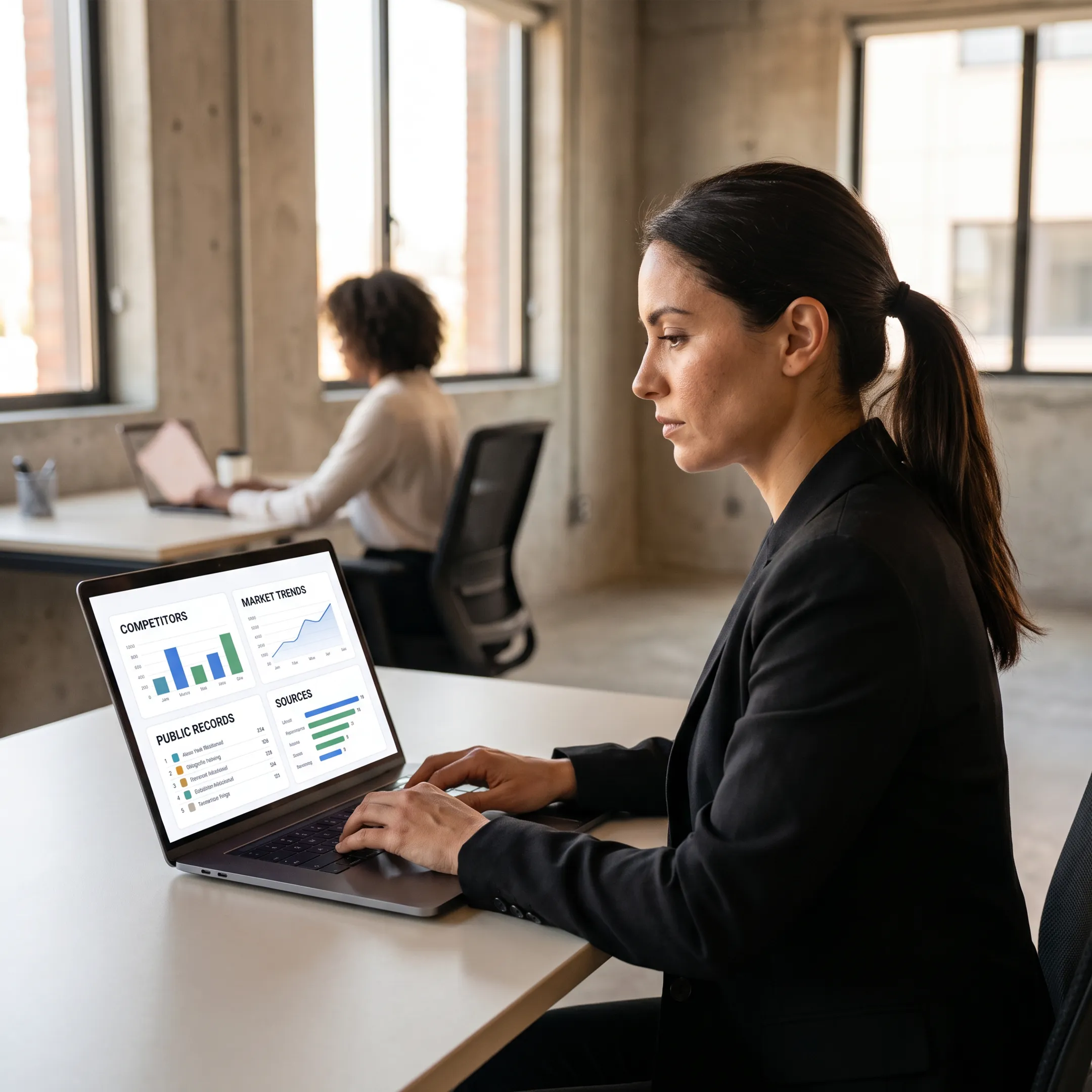 Analyst reviewing AI-powered competitive intelligence dashboard with source-verified market findings