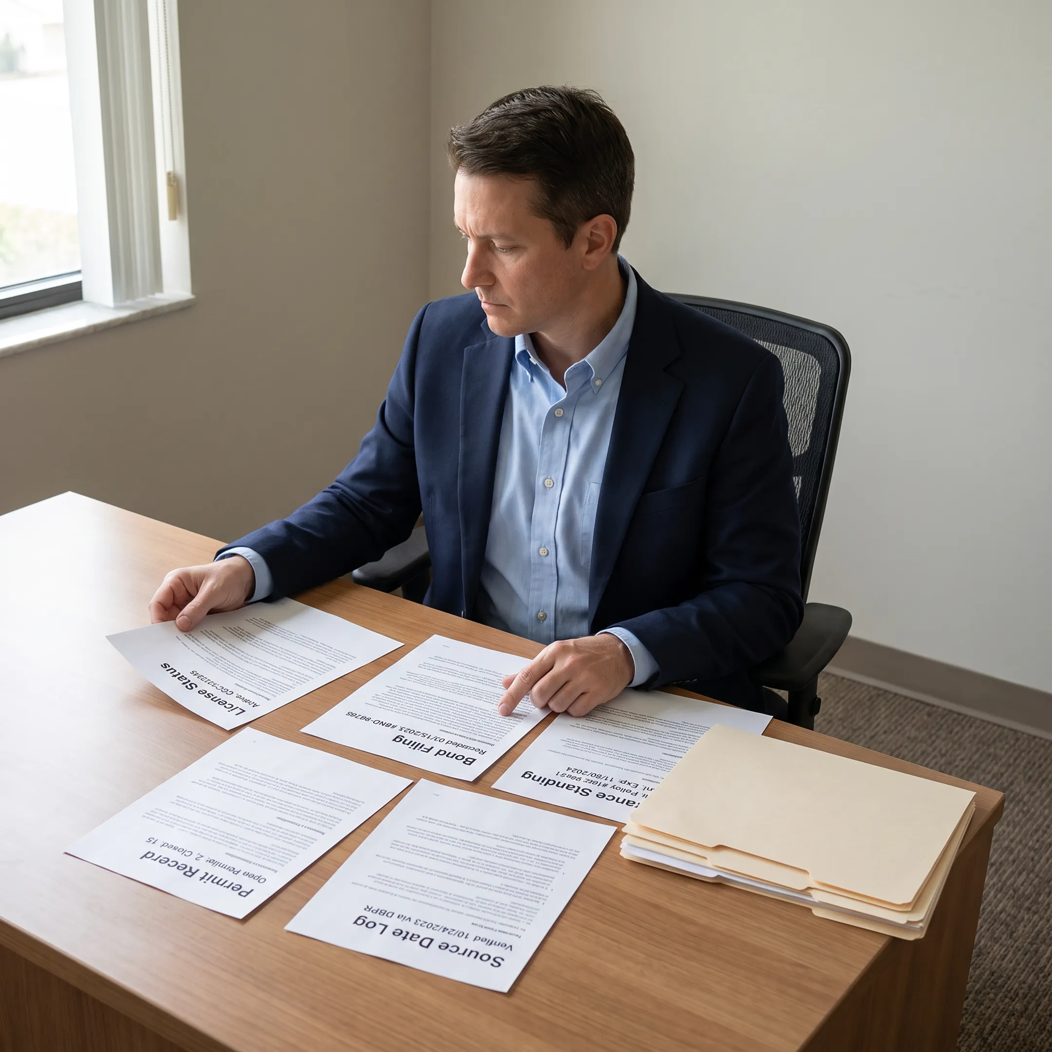Research professional comparing contractor license, bond, and insurance records