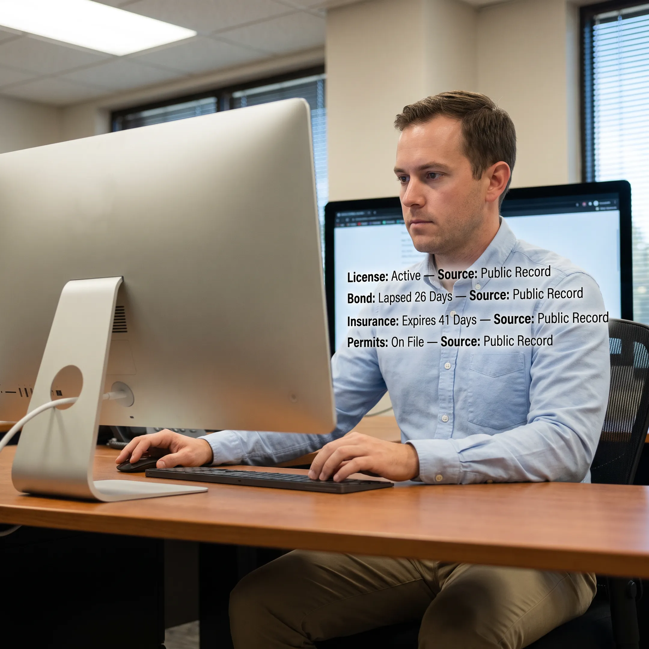 Analyst reviewing Florida contractor license records and compliance documents on a computer
