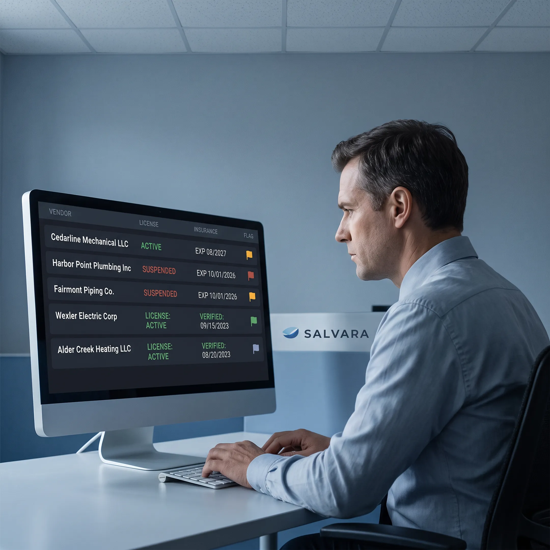 Research professional comparing contractor records and verification findings