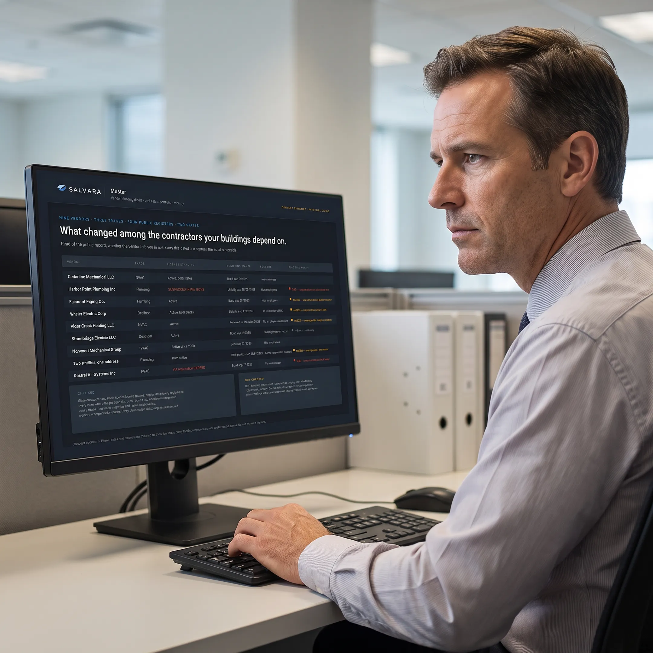 Analyst reviewing contractor license and insurance records on a computer