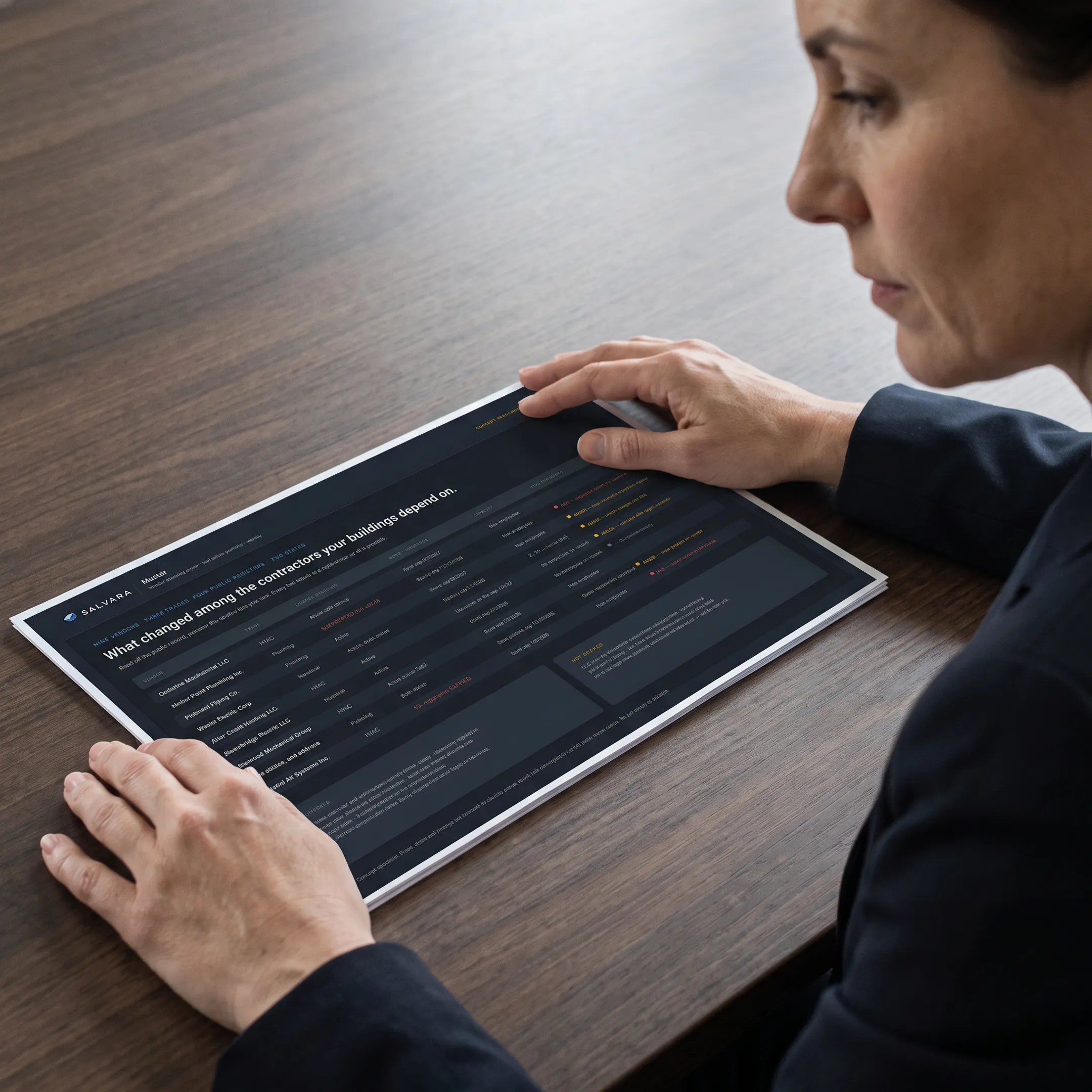 Professional reviewing source-attributed contractor background check findings