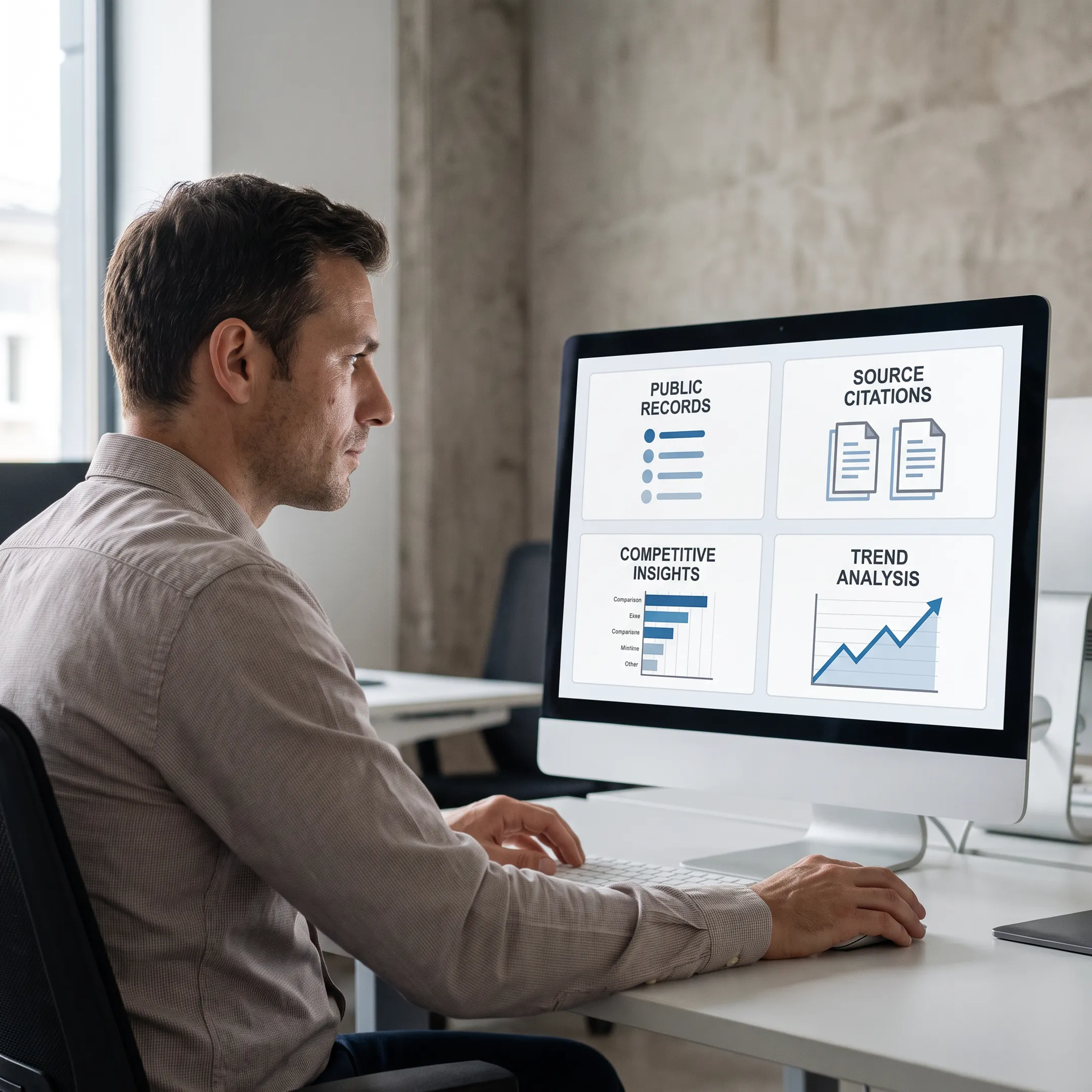 Analyst reviewing AI-powered market intelligence dashboard with source-verified business insights