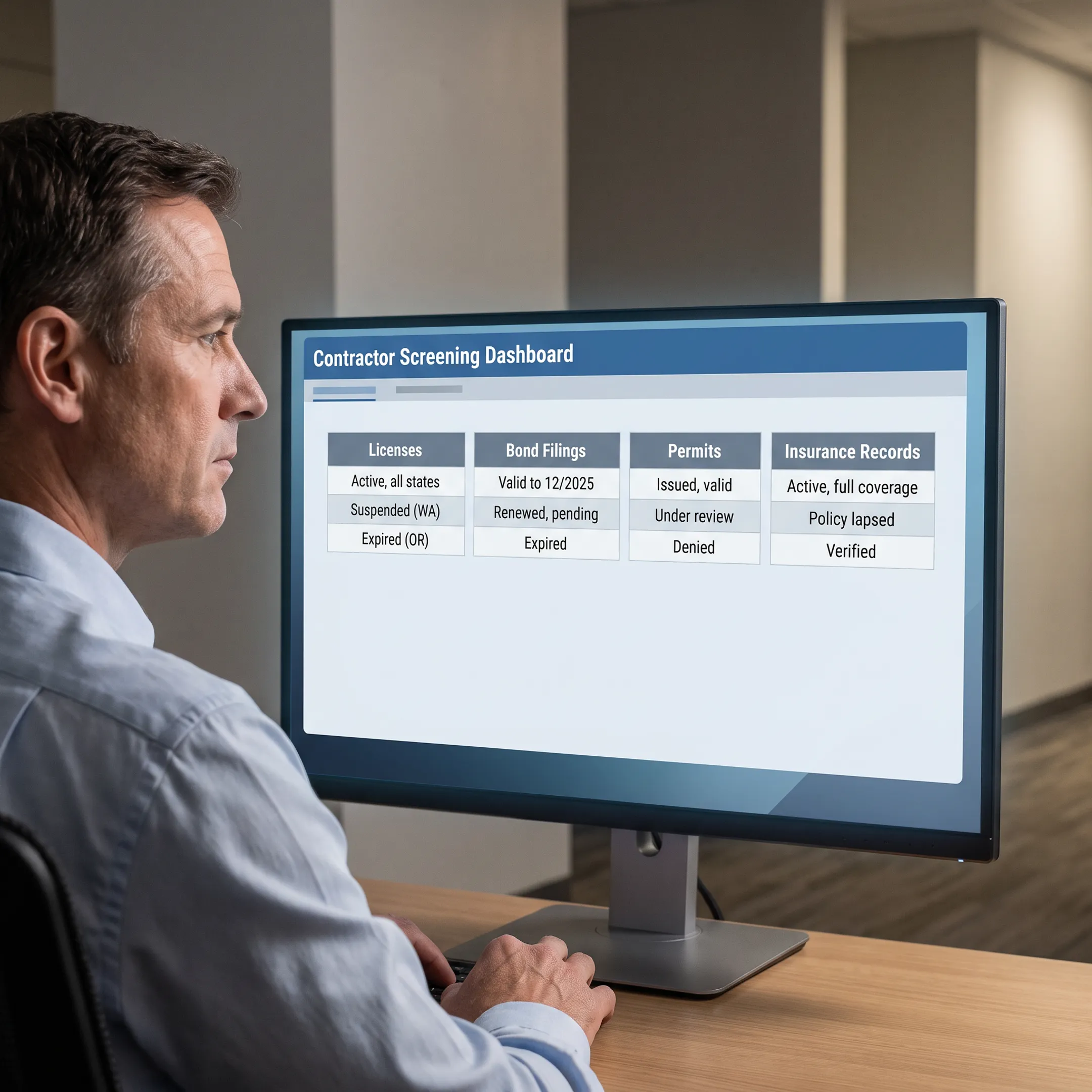 Analyst reviewing contractor license records and verification findings on a computer