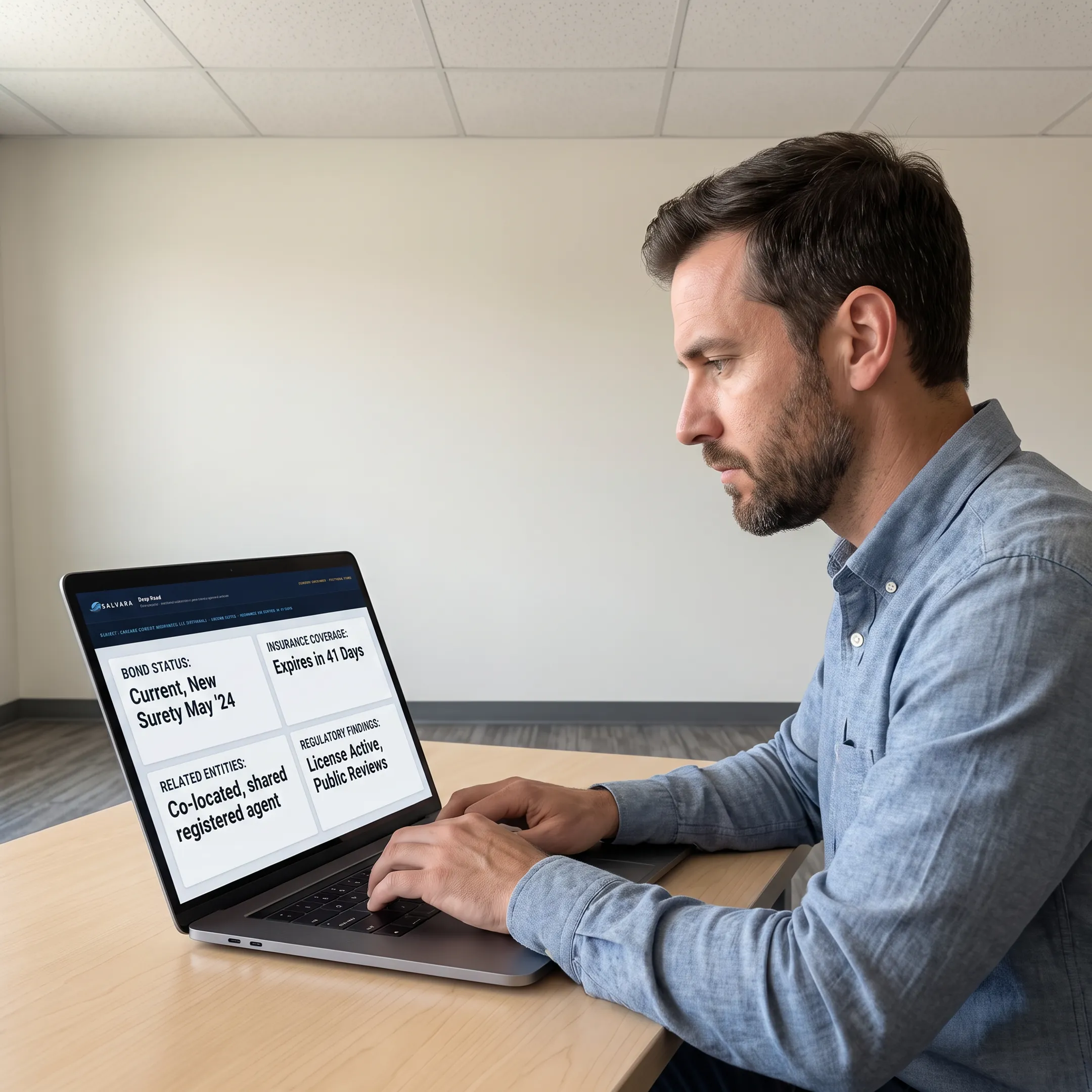 Professional reviewing sourced contractor screening results and public records