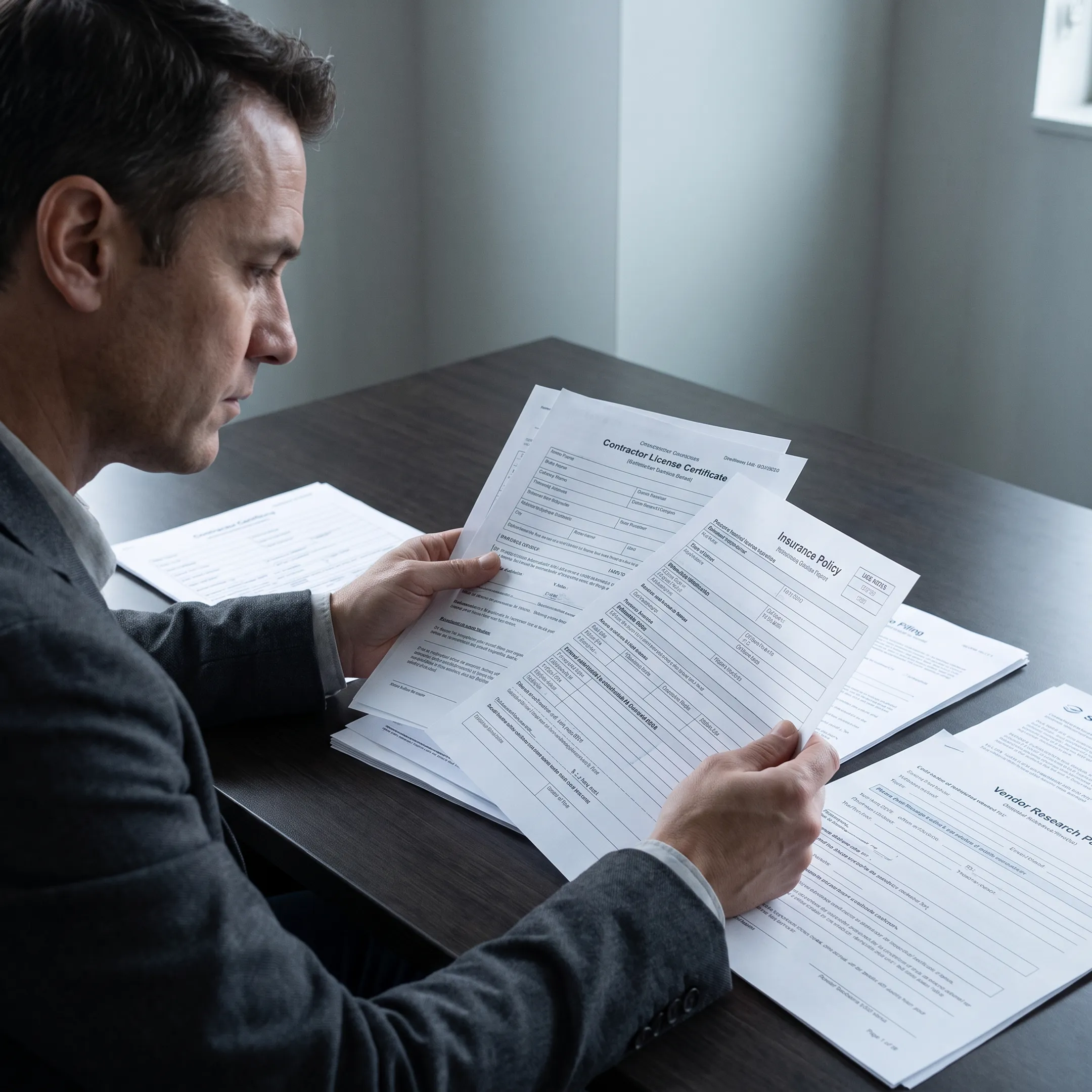 Analyst reviewing vendor records and compliance documents on a laptop