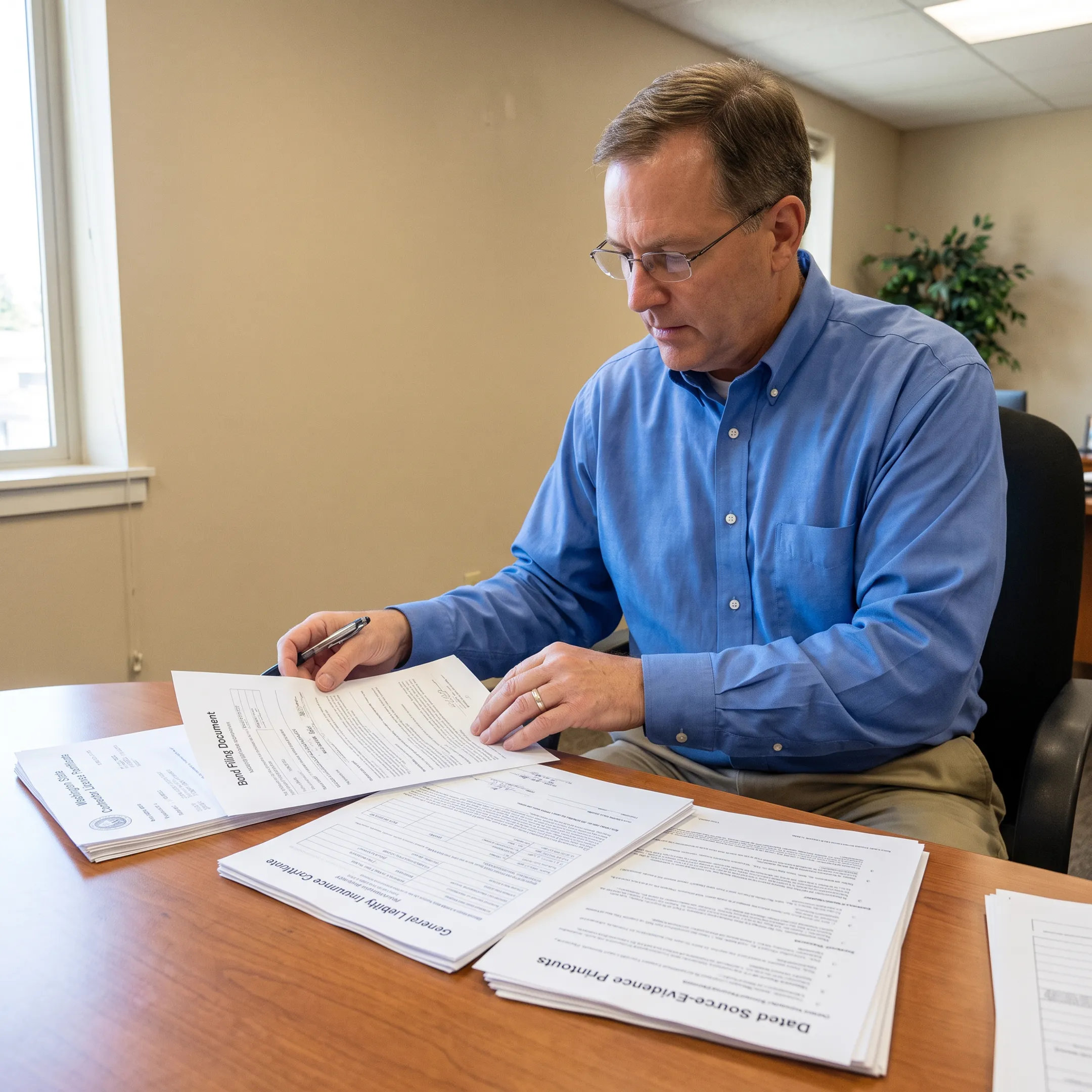 Analyst reviewing Washington State business license records on a computer