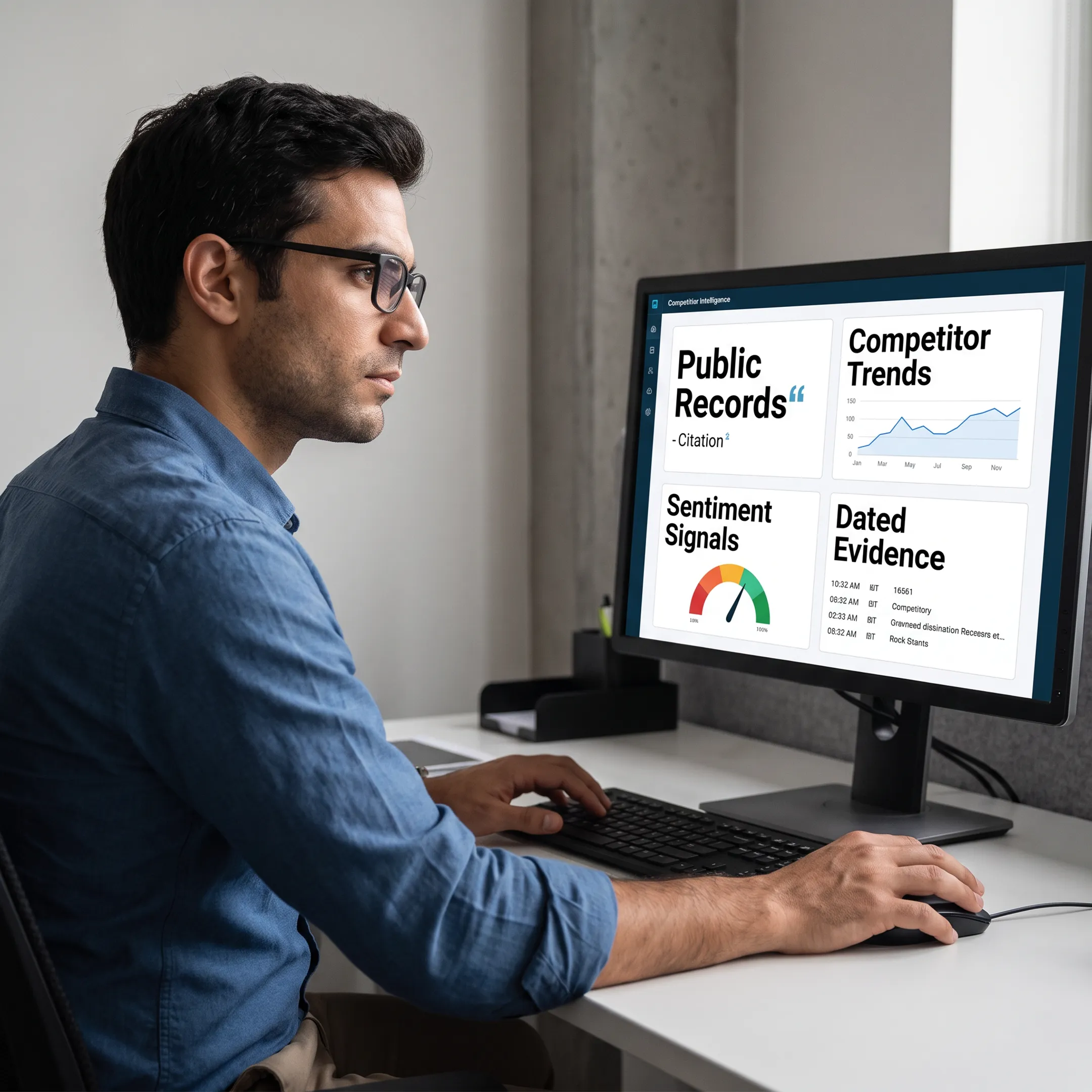 Analyst reviewing competitive intelligence findings and source records on a digital dashboard