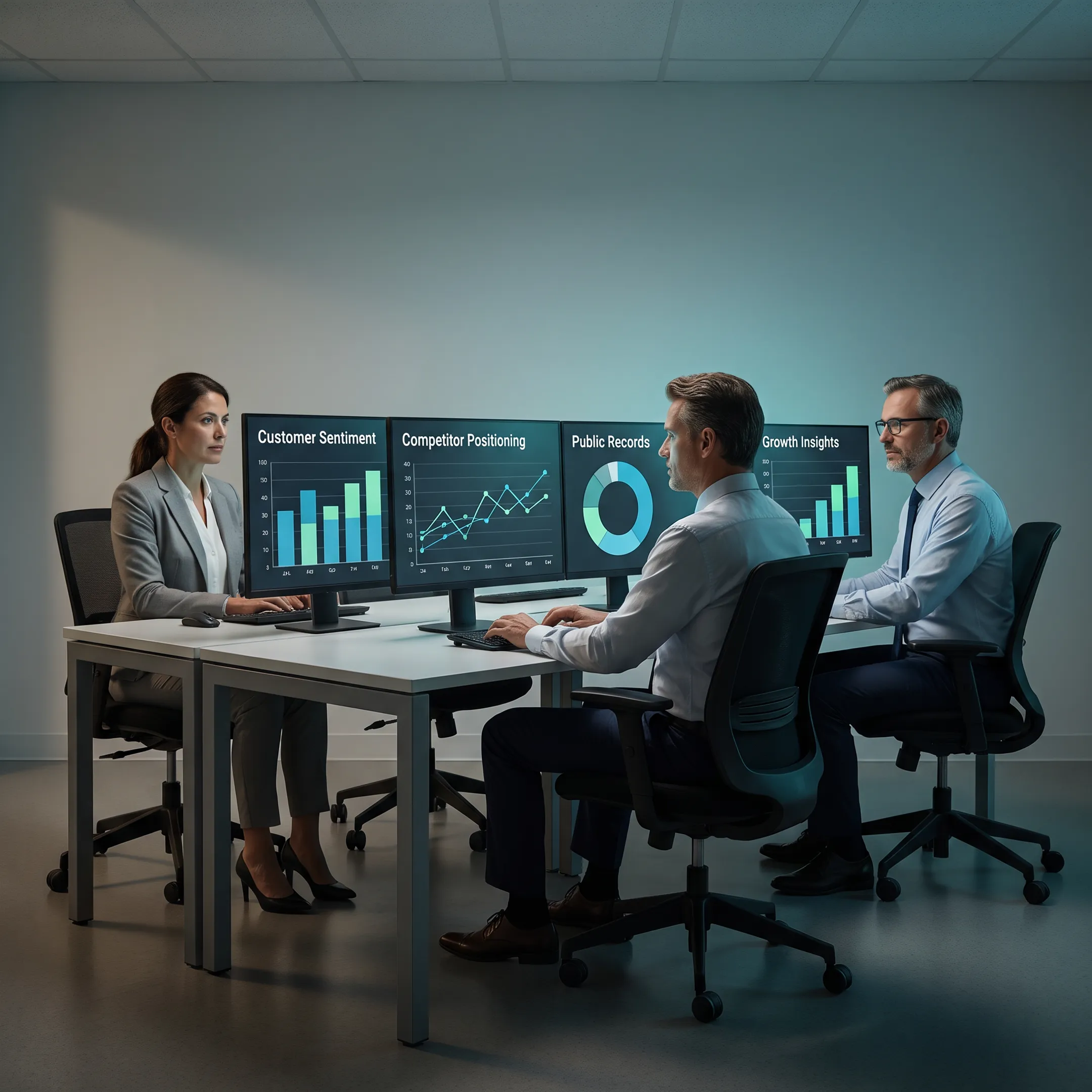 Analysts reviewing market intelligence dashboards, competitor research, and verified business data