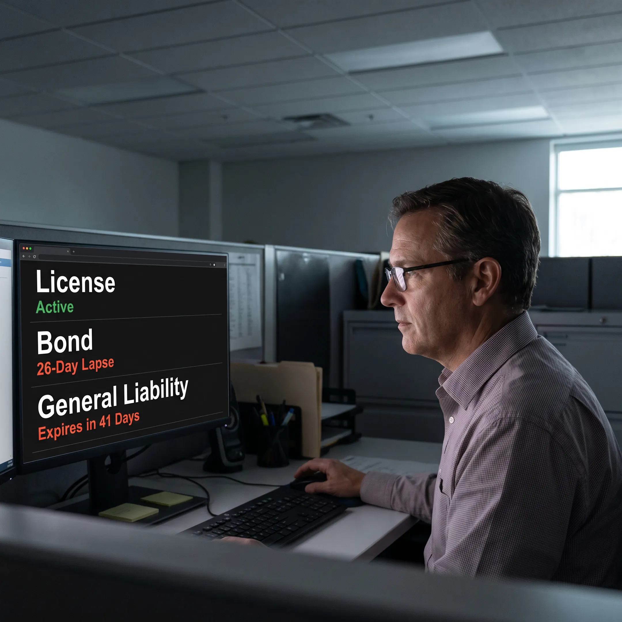 Analyst reviewing business records, license data, and verification findings on a computer