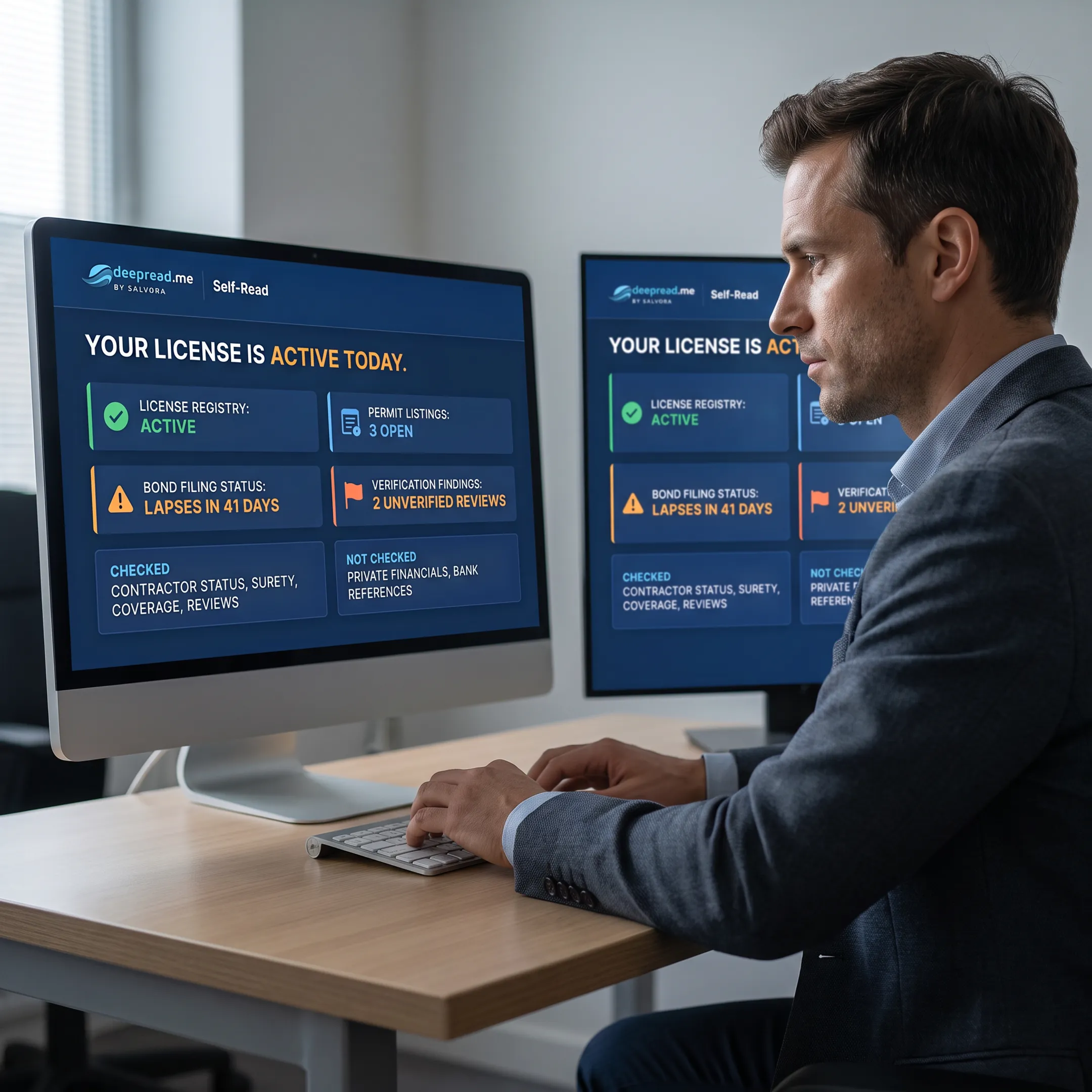 Analyst reviewing business license records and verification results on a computer