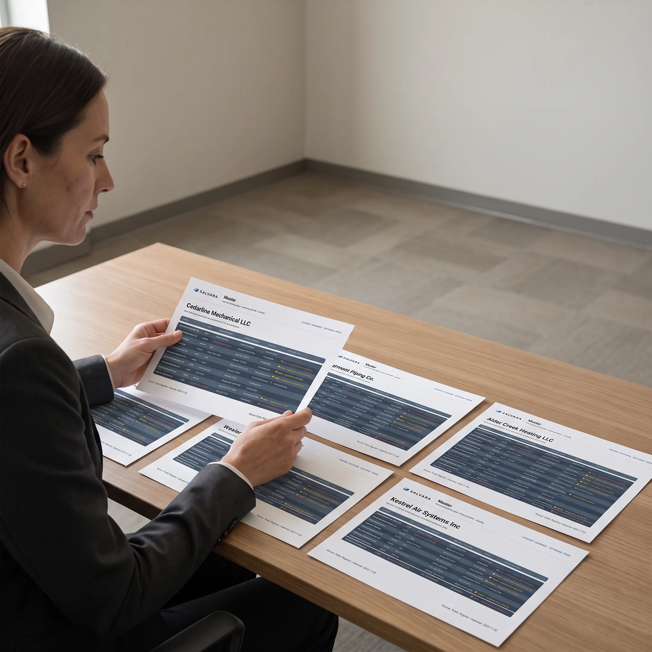 Compliance professional comparing vendor records with source dates and verification notes