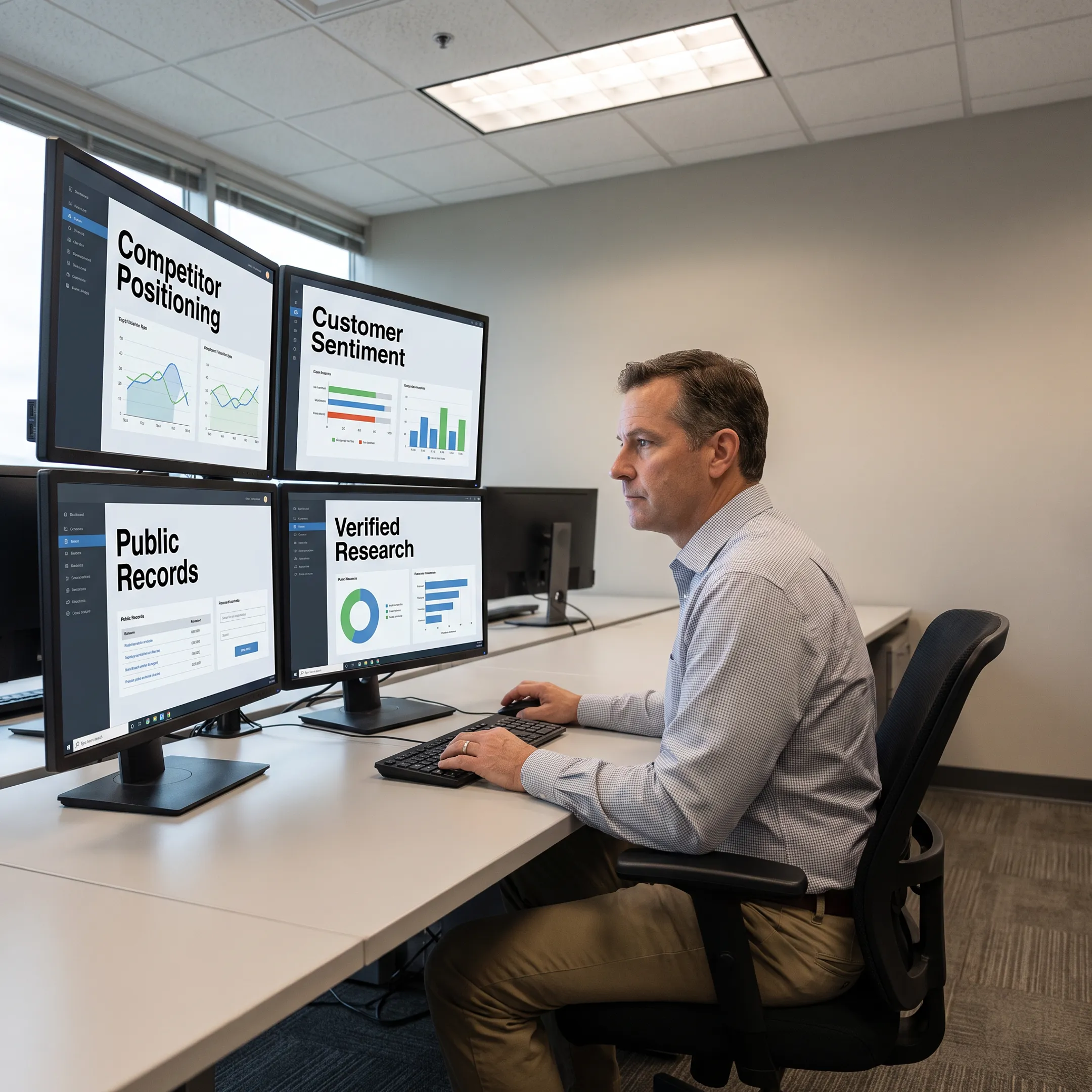 Analyst reviewing competitor intelligence dashboards and source-verified market research on a laptop