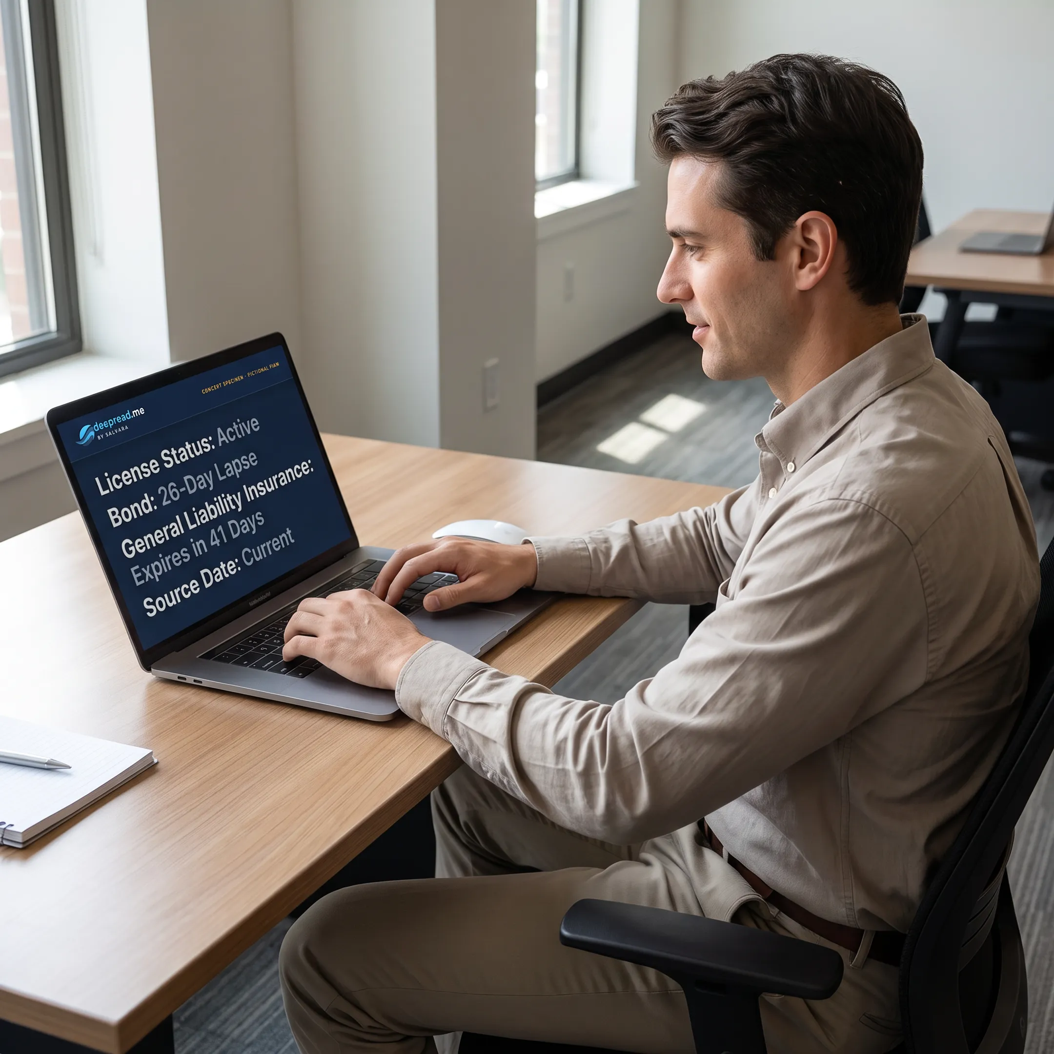 Analyst reviewing Oregon contractor license records and verification documents on a laptop