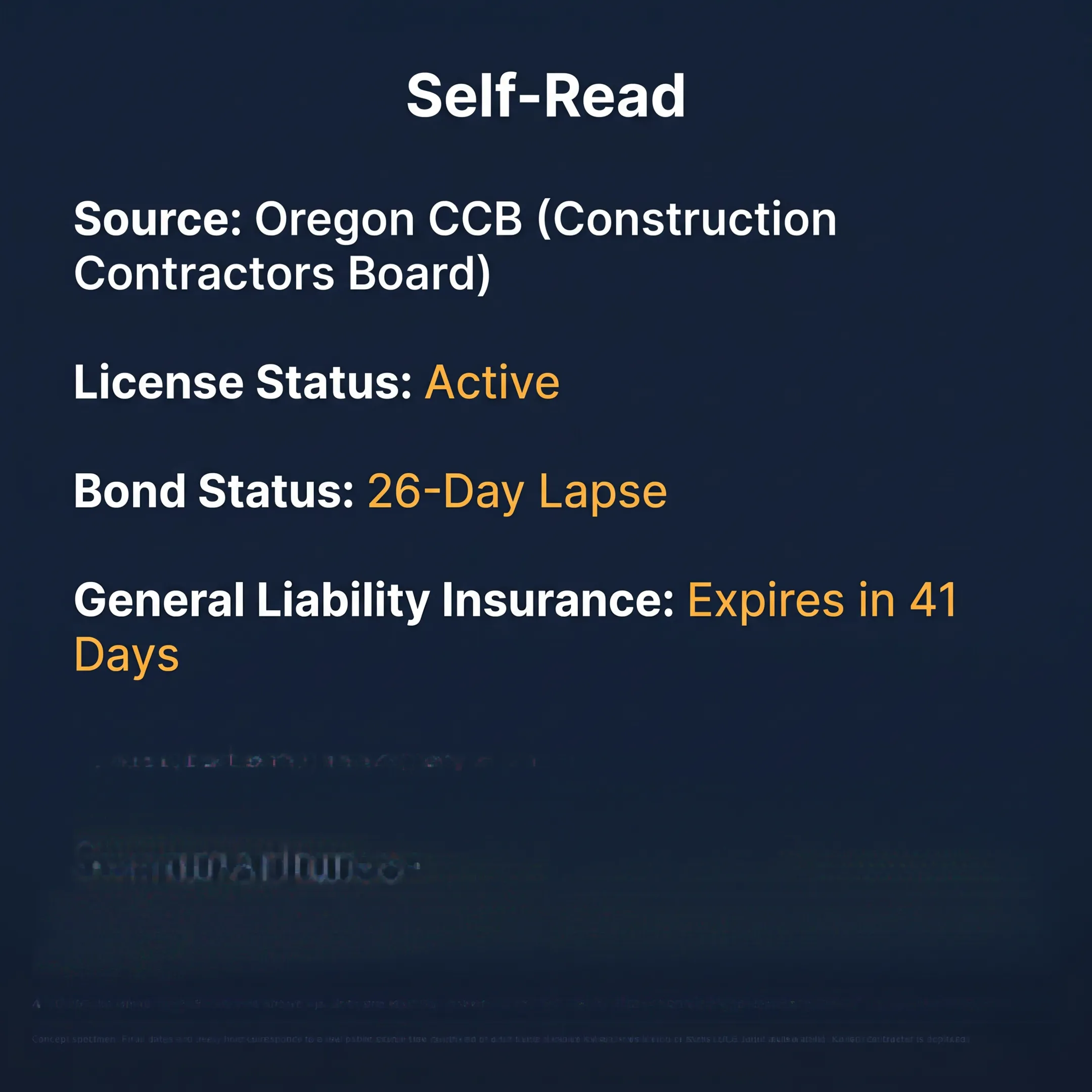 Source-attributed contractor verification report displayed beside public records