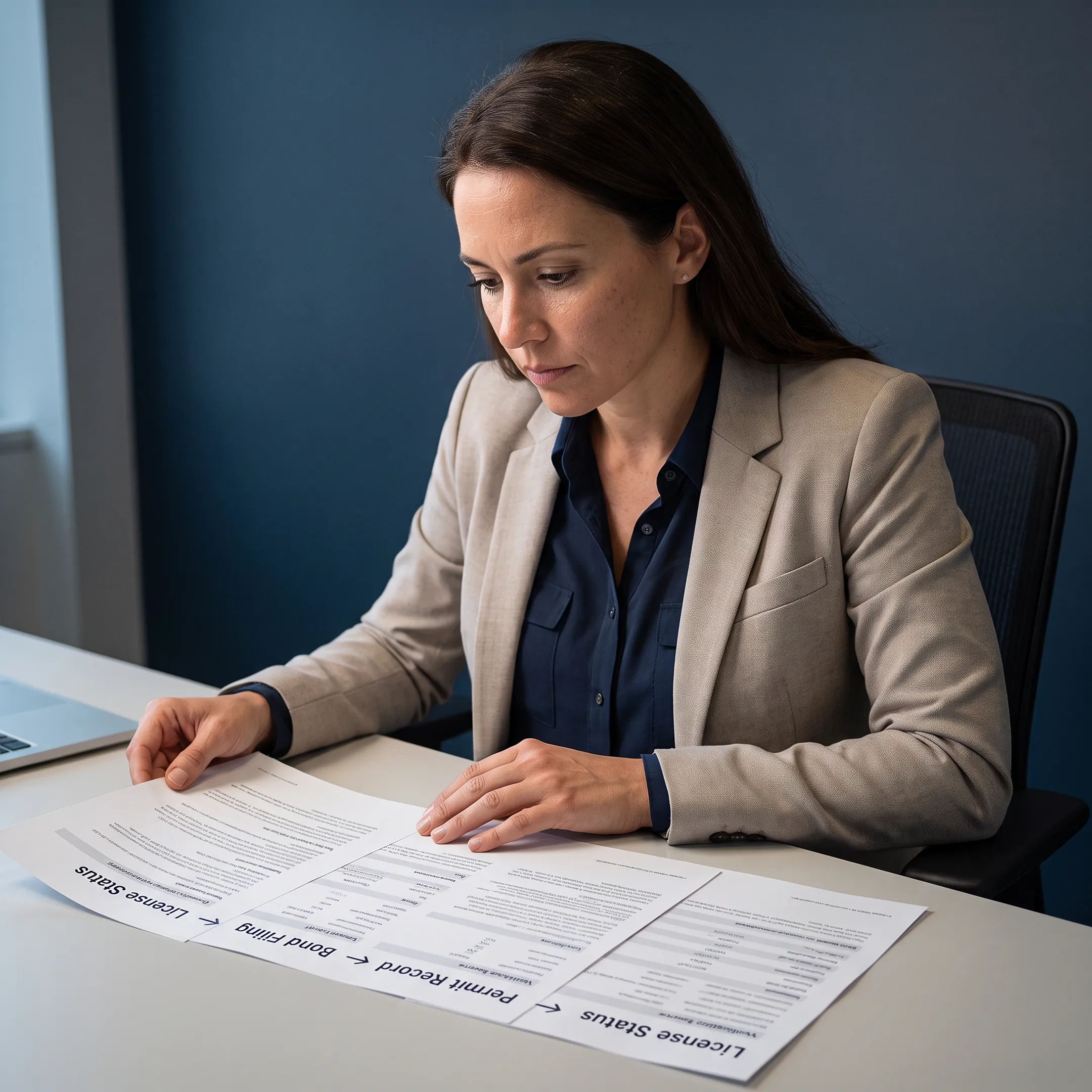 Researcher reviewing electrical contractor license records on a computer