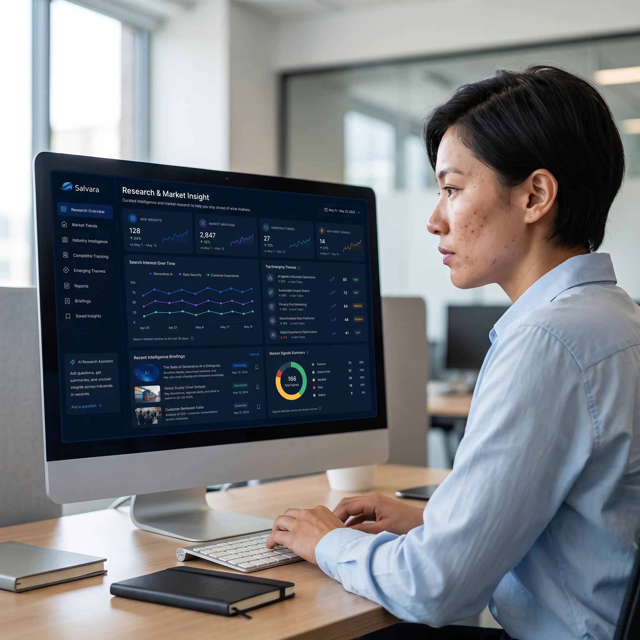 Analyst reviewing customer sentiment and competitive research on a digital dashboard