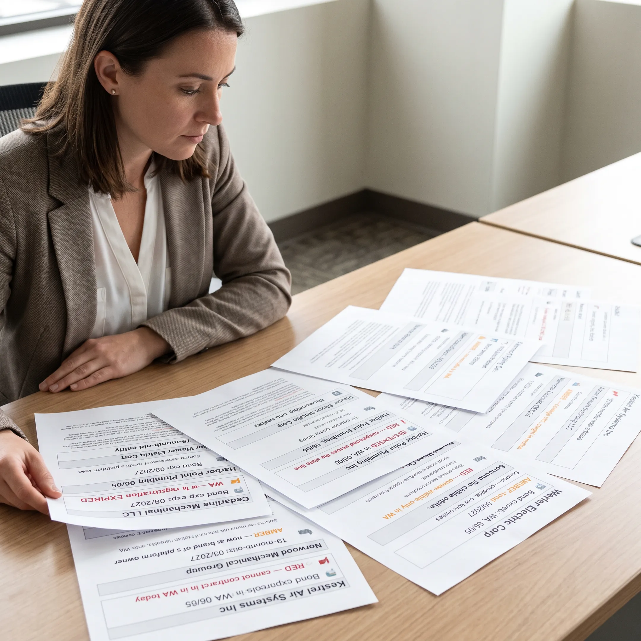 Compliance professional verifying contractor records and expiry alerts