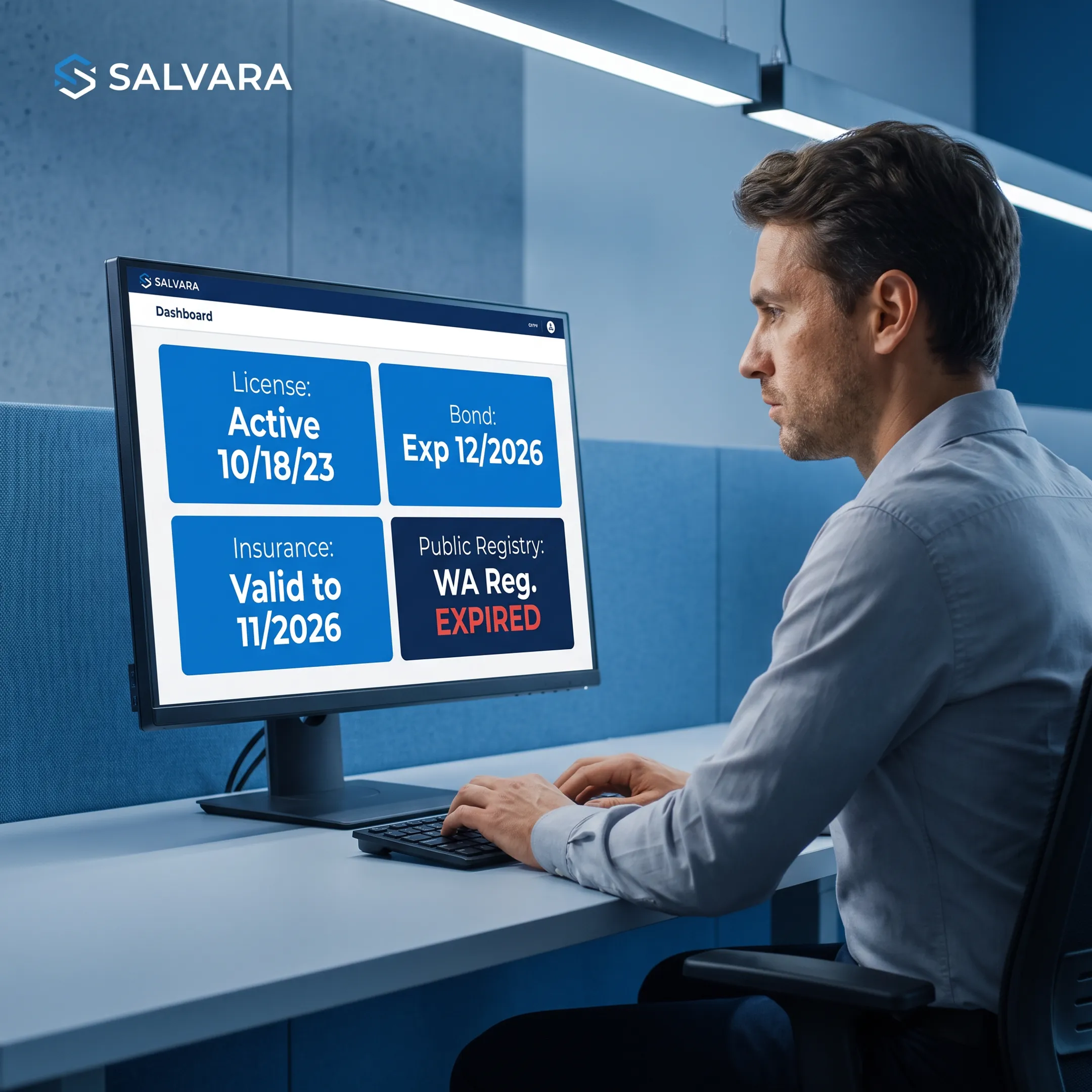 Analyst reviewing contractor license, bond, and insurance records on a compliance dashboard