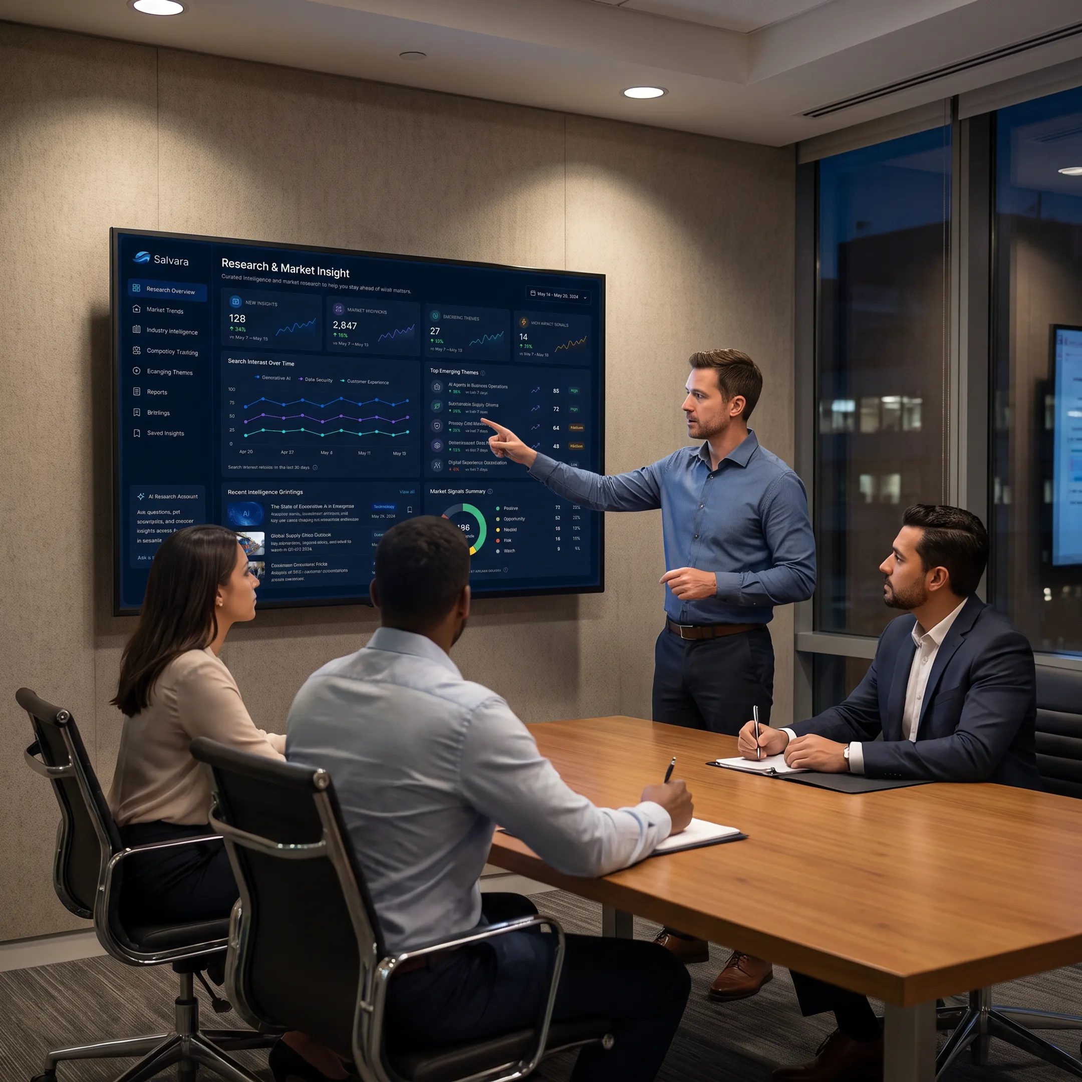 Analyst reviewing market research dashboards and source-verified business intelligence on a computer