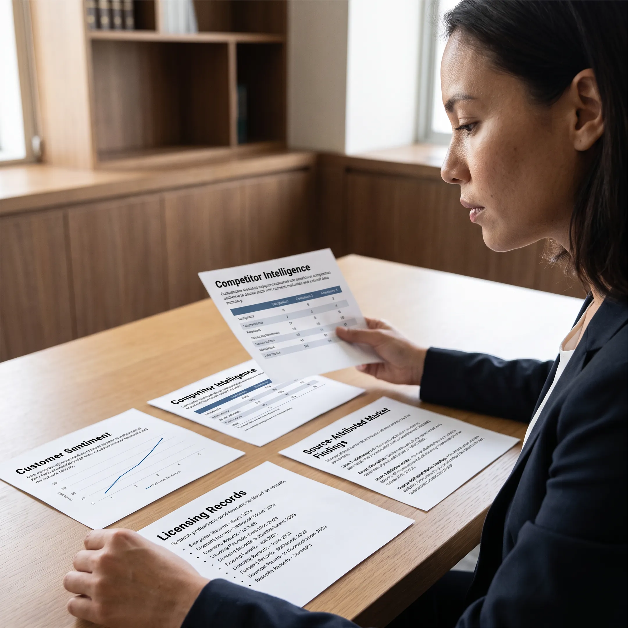 Research professional comparing verified market insights with public business records