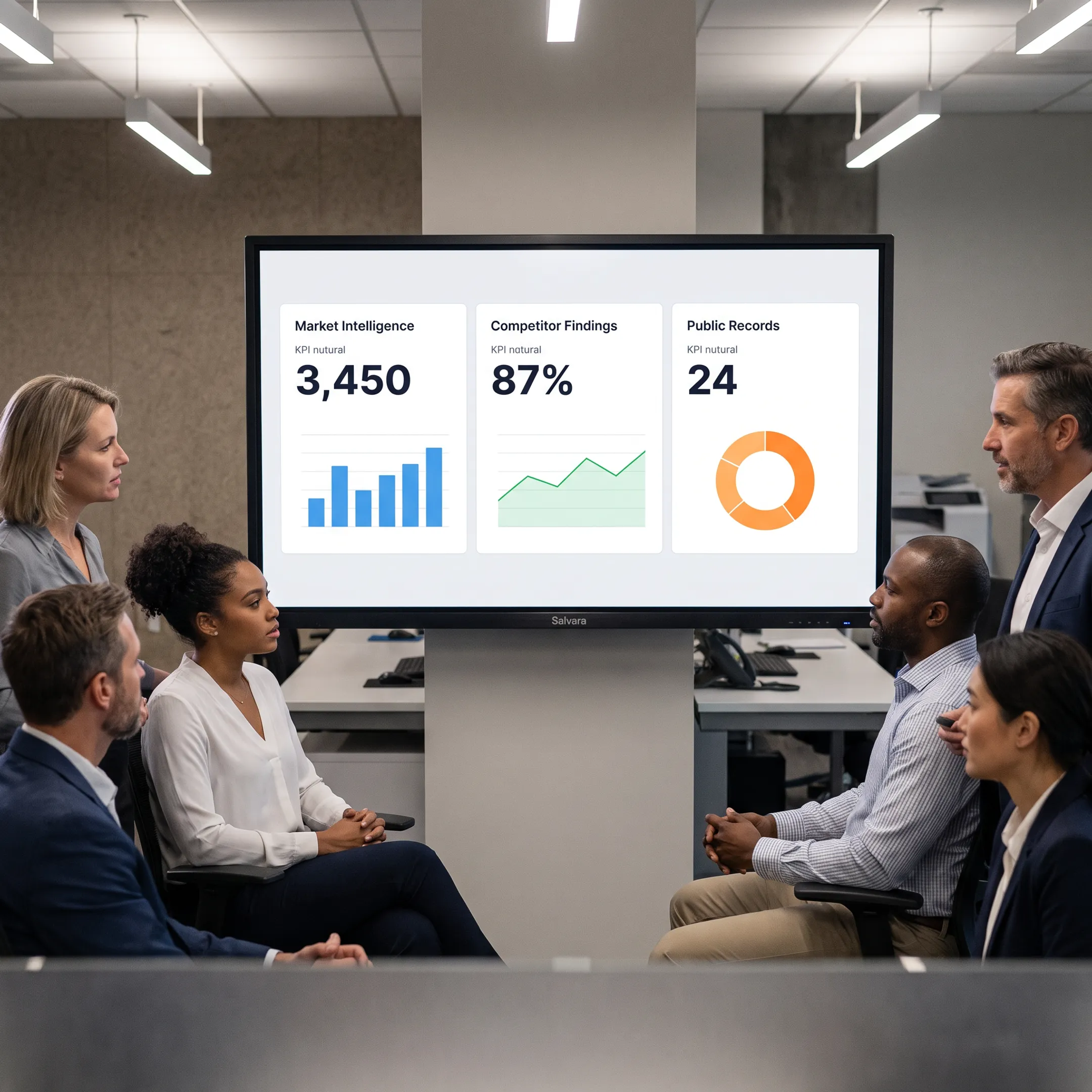 Analysts reviewing verified B2B market research findings on customer, competitor, and counterparty intelligence
