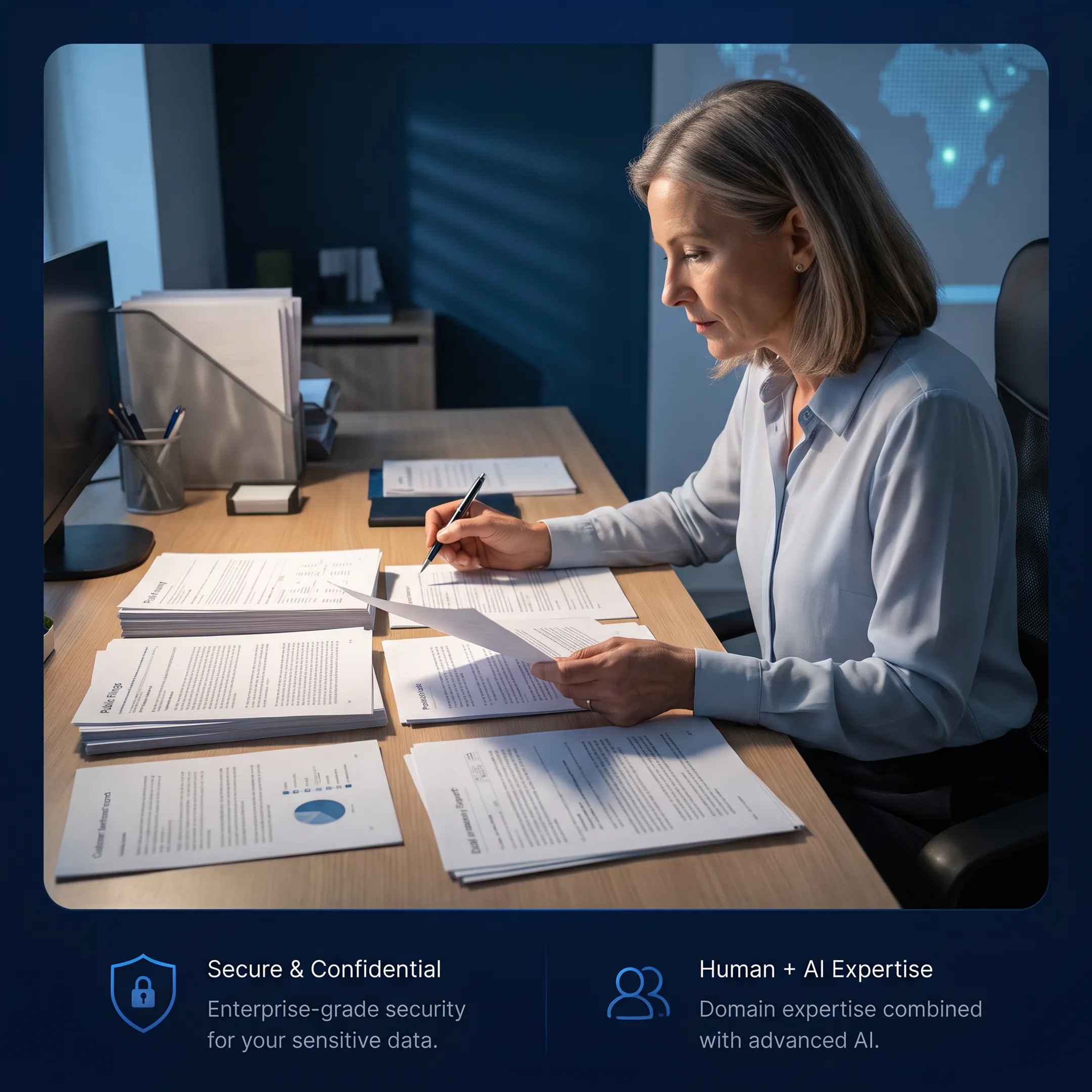 Researcher comparing verified sources and customer intelligence findings during a business analysis