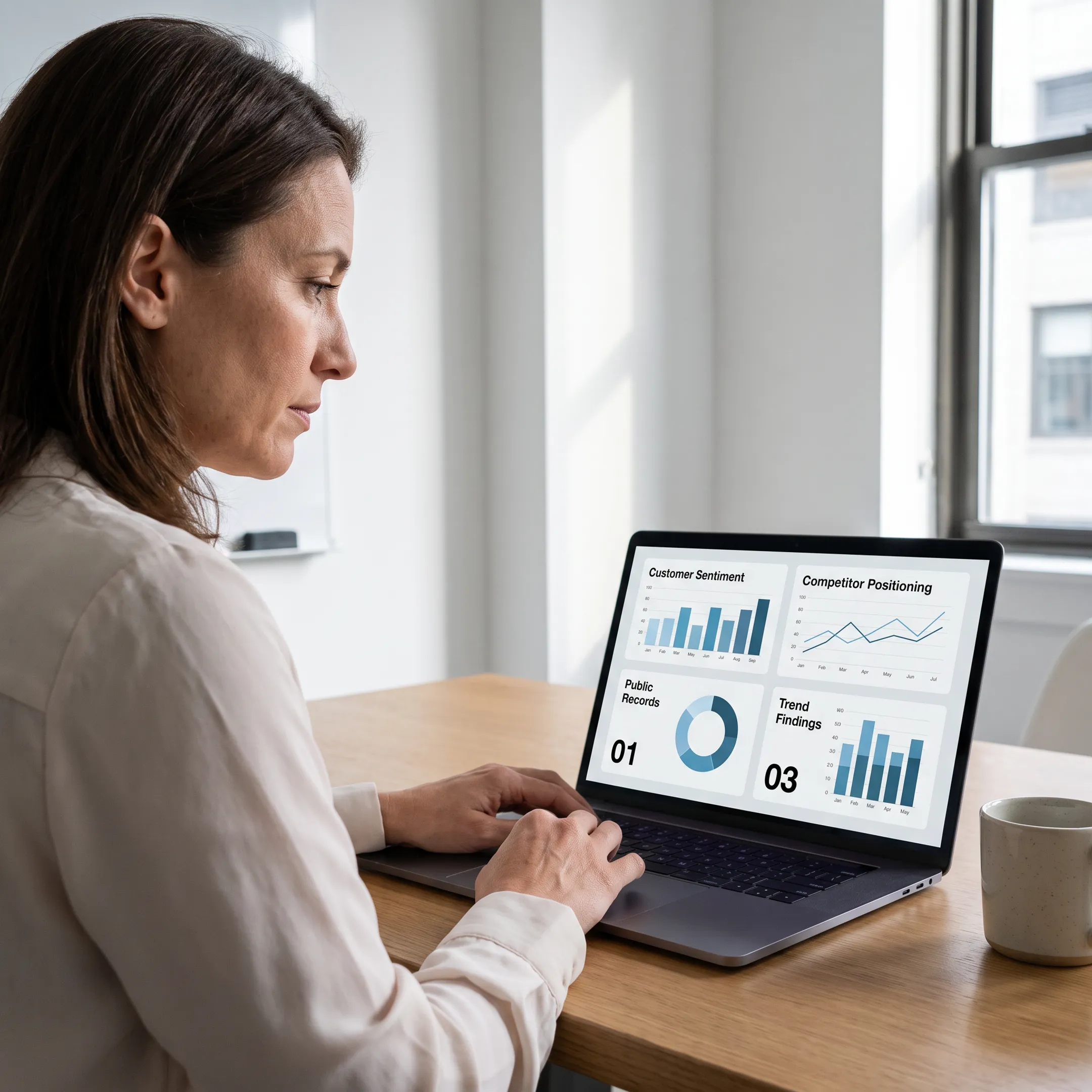 Analyst reviewing customer intelligence findings, public records, and competitor insights on a research dashboard