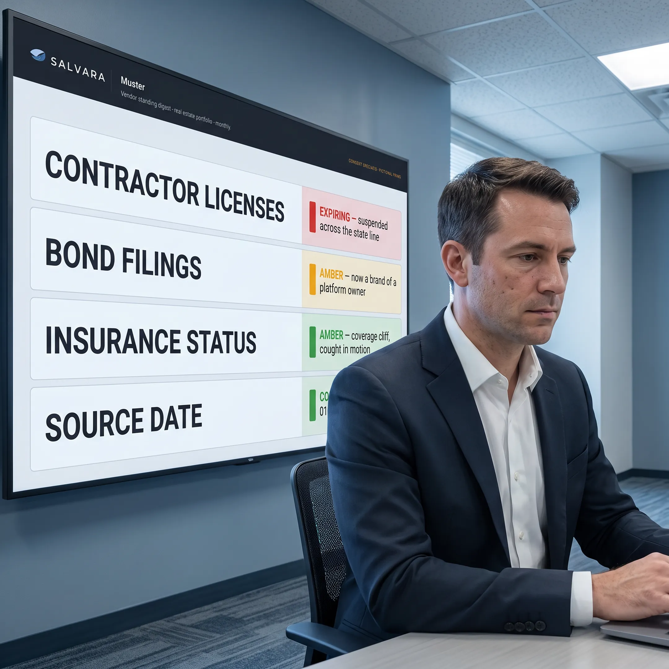Dashboard showing contractor license, bond, and insurance compliance records