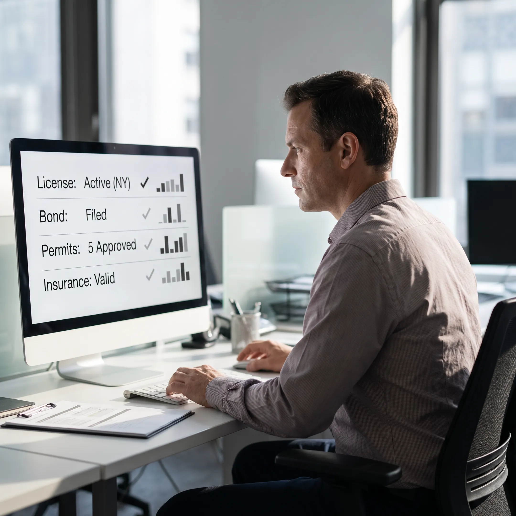 Analyst reviewing New York contractor license records on a computer
