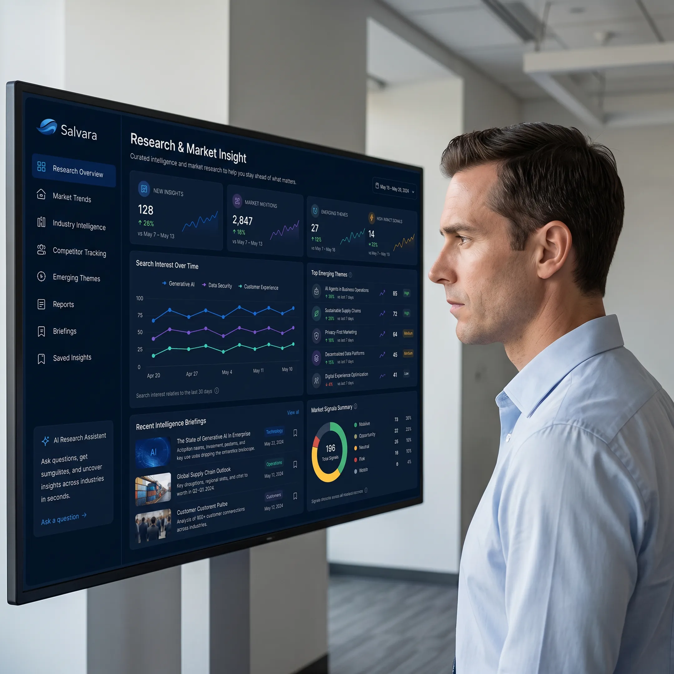 Analyst reviewing competitor intelligence dashboard with verified sources and market insights