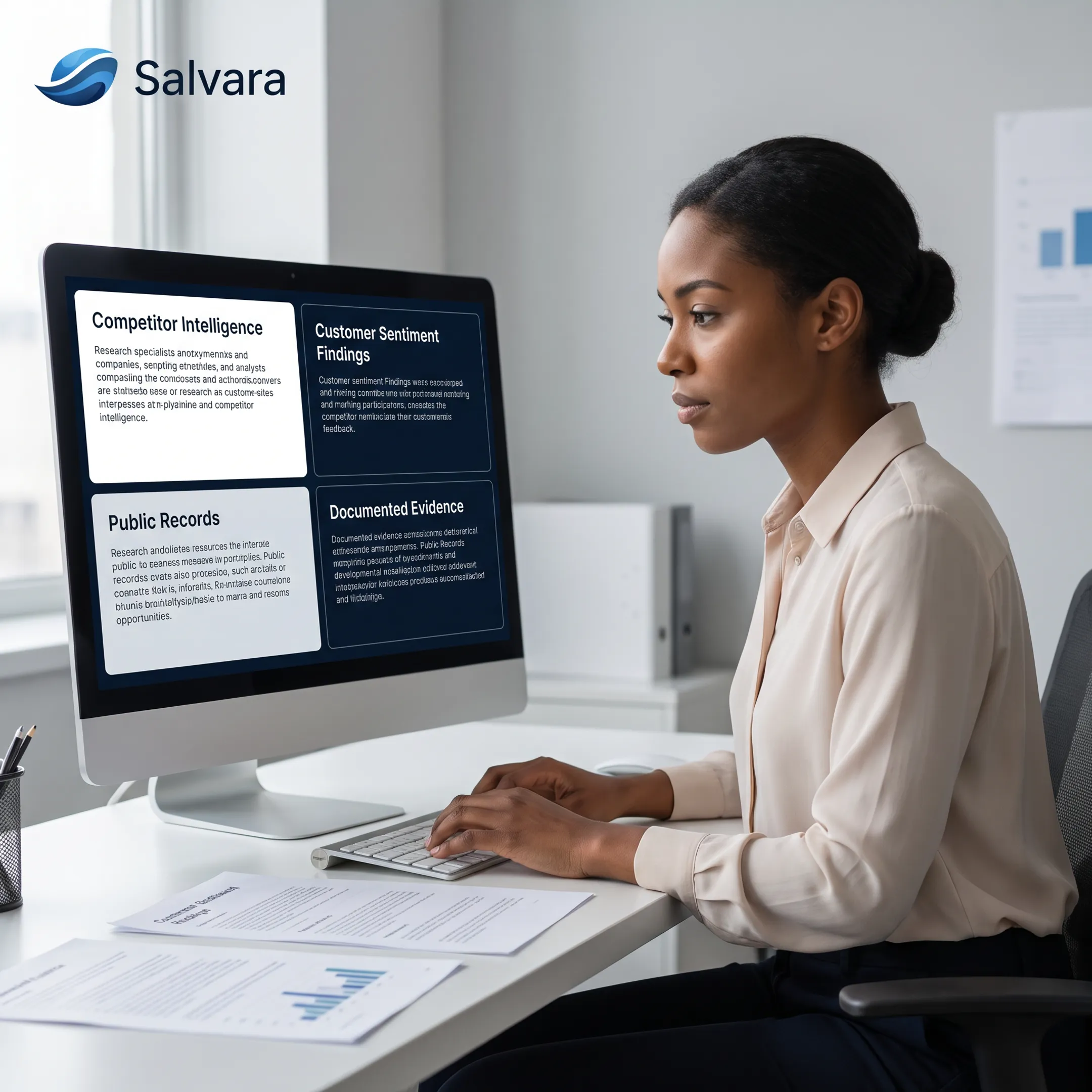 Research specialist examining sourced competitor and customer sentiment findings