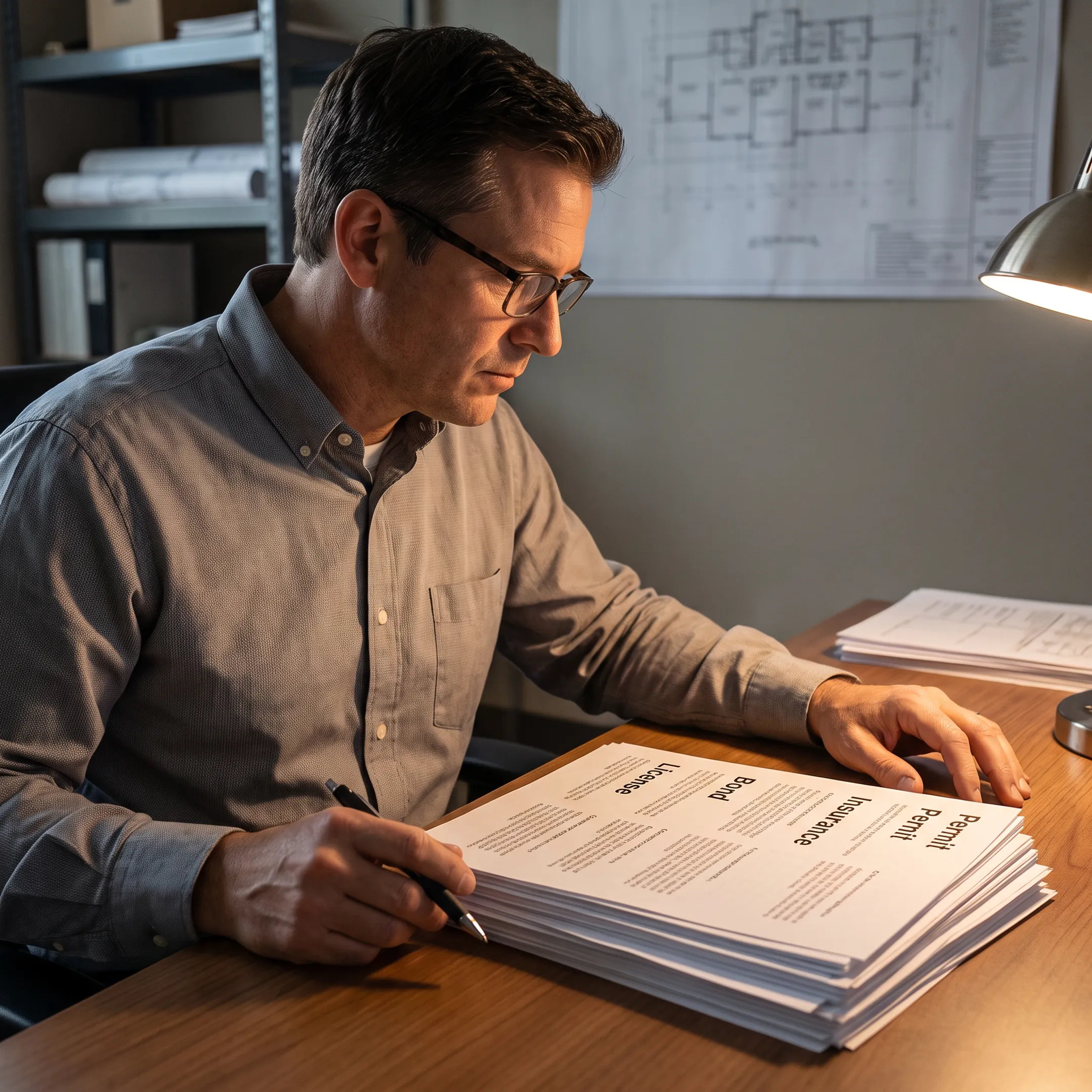 Contractor reviewing verified subcontractor compliance records on a laptop