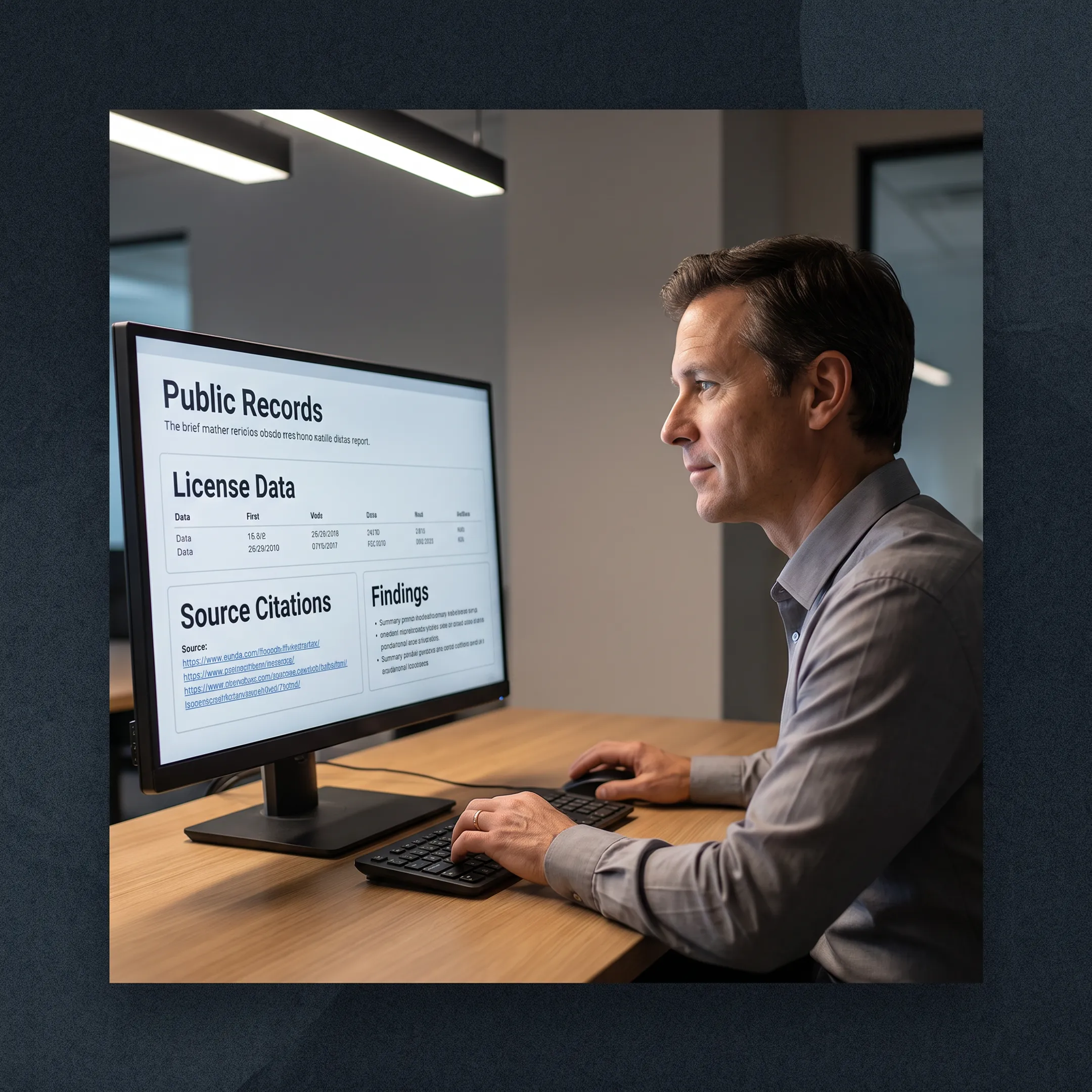 Analyst reviewing vendor due diligence findings and verified public records on a laptop