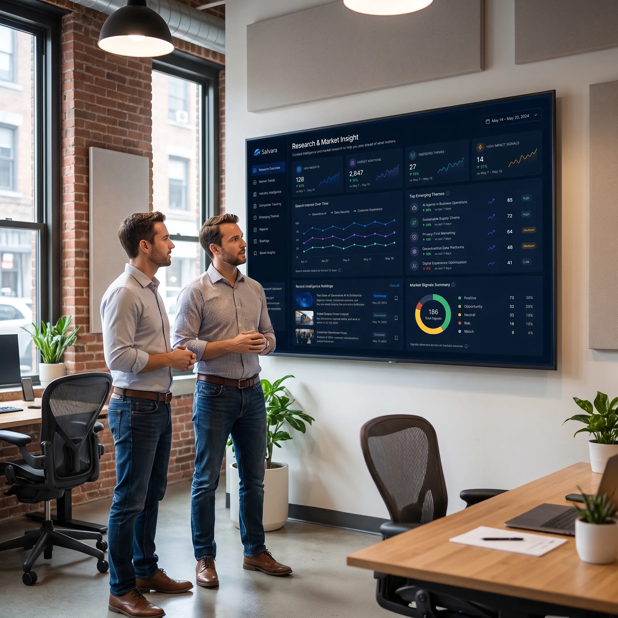 Startup team reviewing market research and competitor analysis on a laptop